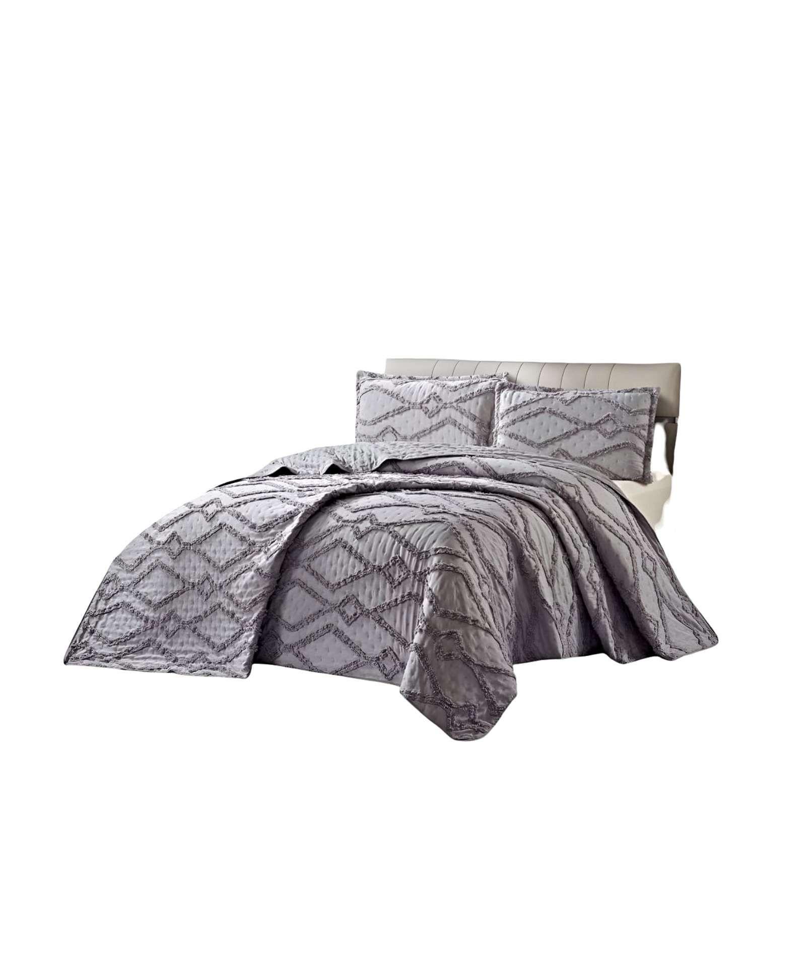 CUBRECAMA QUILT CON DISEÑO GEOMETRICO RELIEVE PLAZA Y MEDIA GRIS-1