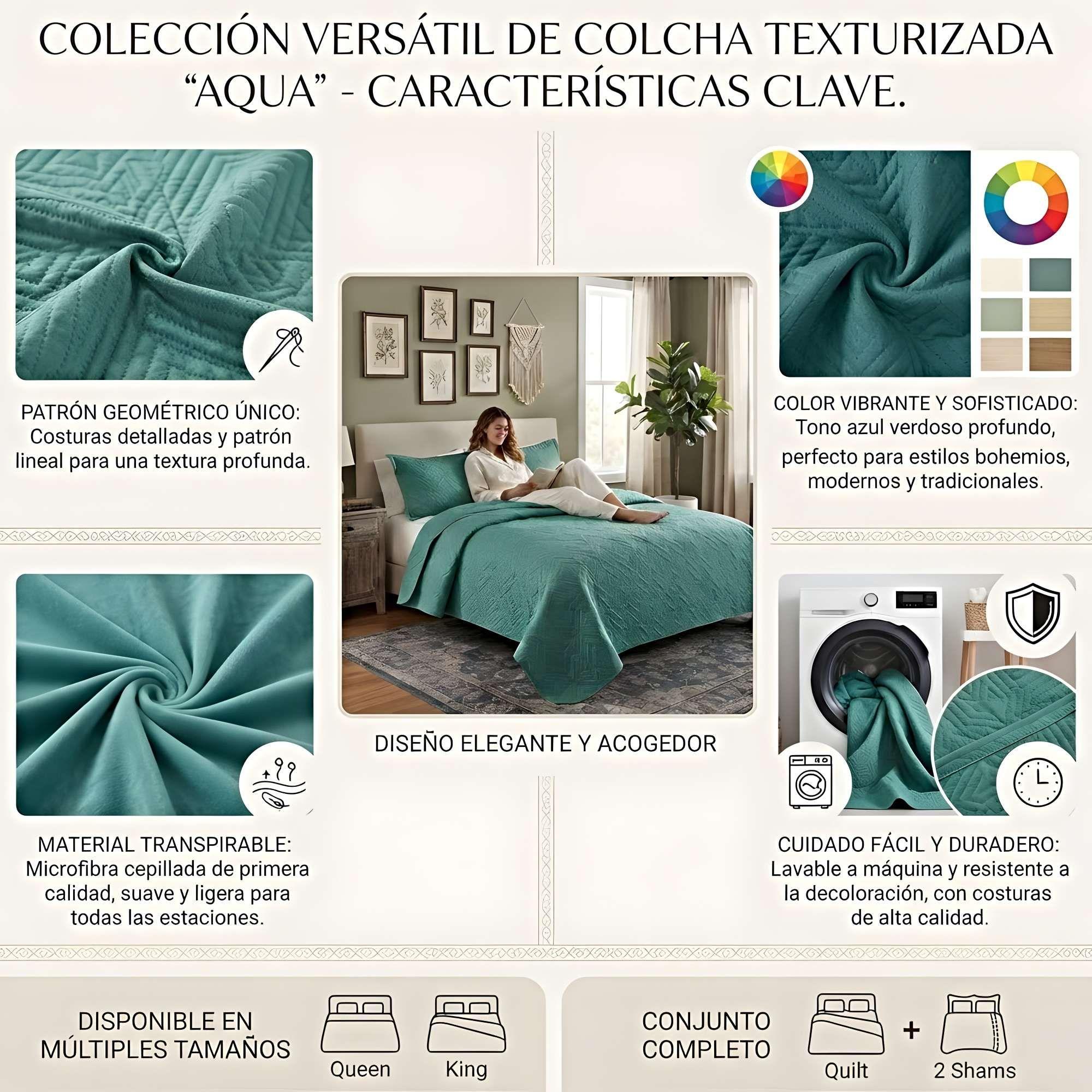 CUBRECAMA QUILT DE VERANO CON COLORES LISOS PLAZA Y MEDIA TURQUESA O-3