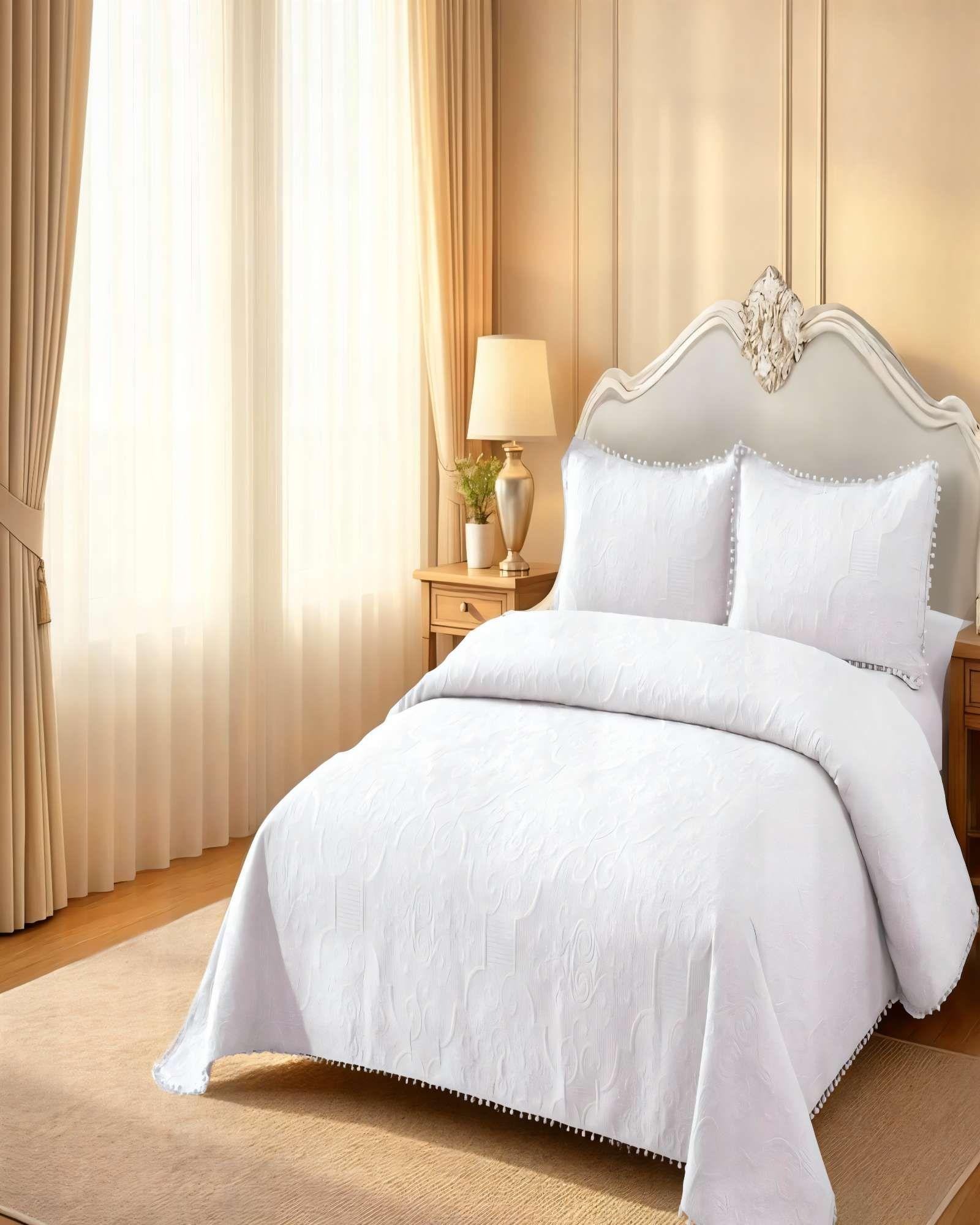 CUBRECAMA QUILT DE VERANO 1,5 PLAZAS CON POMPON COLOR BLANCO-3