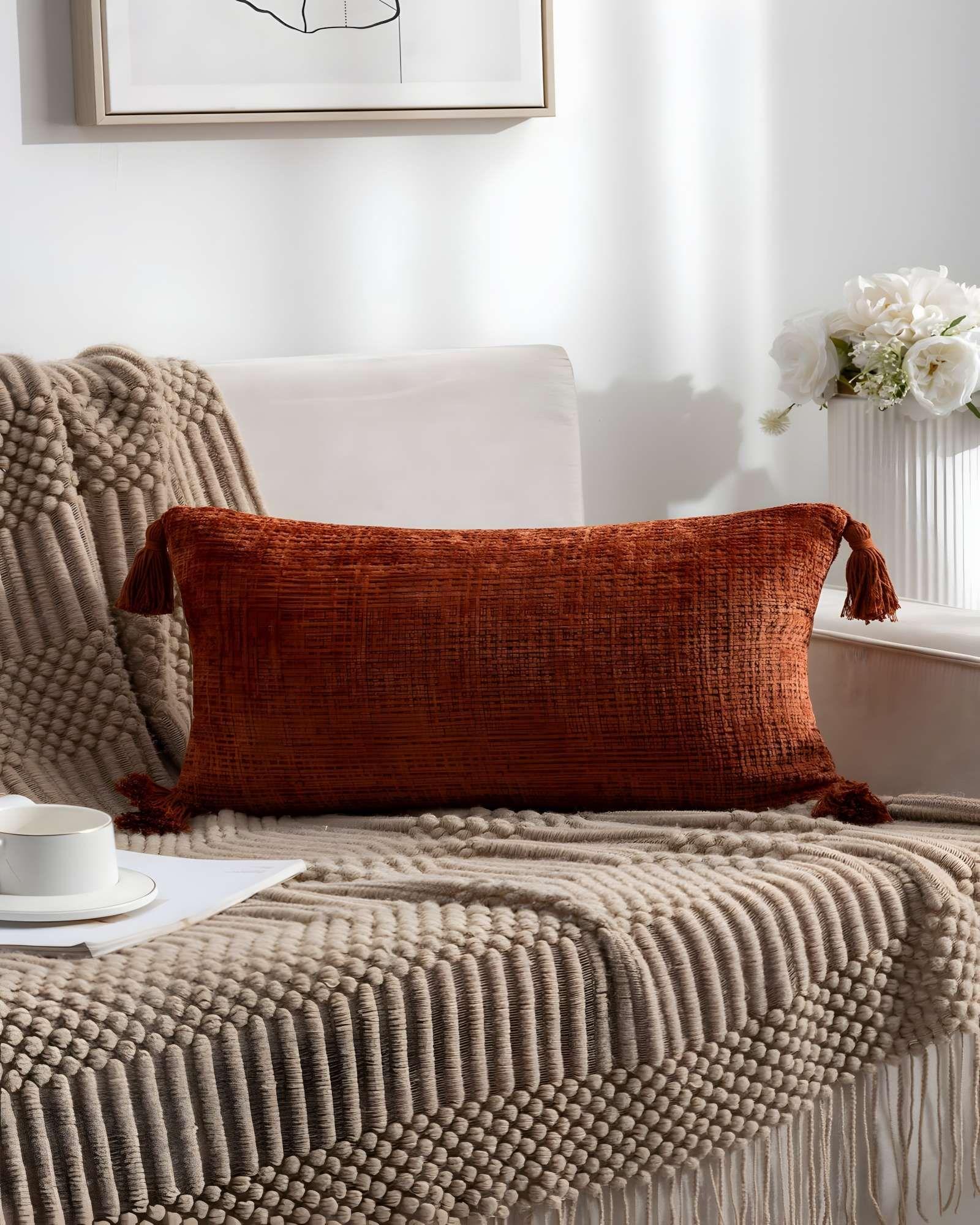 SET DE 4 FUNDAS DE COJIN CHENILLE CON BORLAS 30X50 NARANJA-3