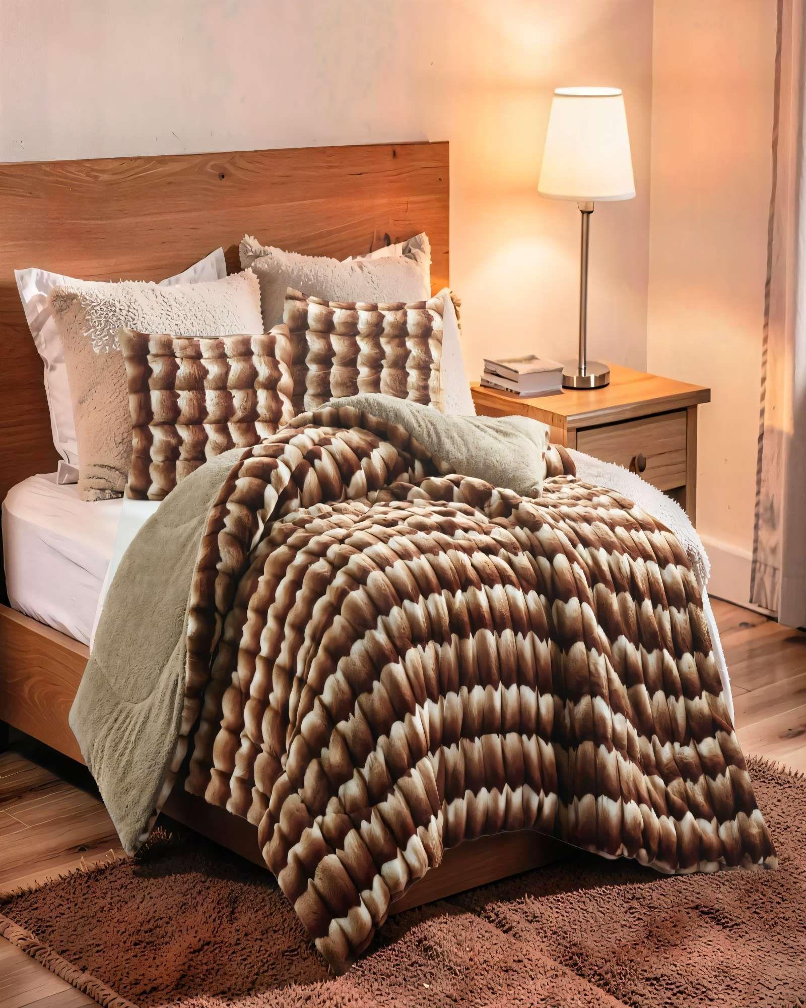 COBERTOR IMITACION DE PIEL DE CONEJO CON DISEÑO 2PLAZA COLOR CAFÉ-3