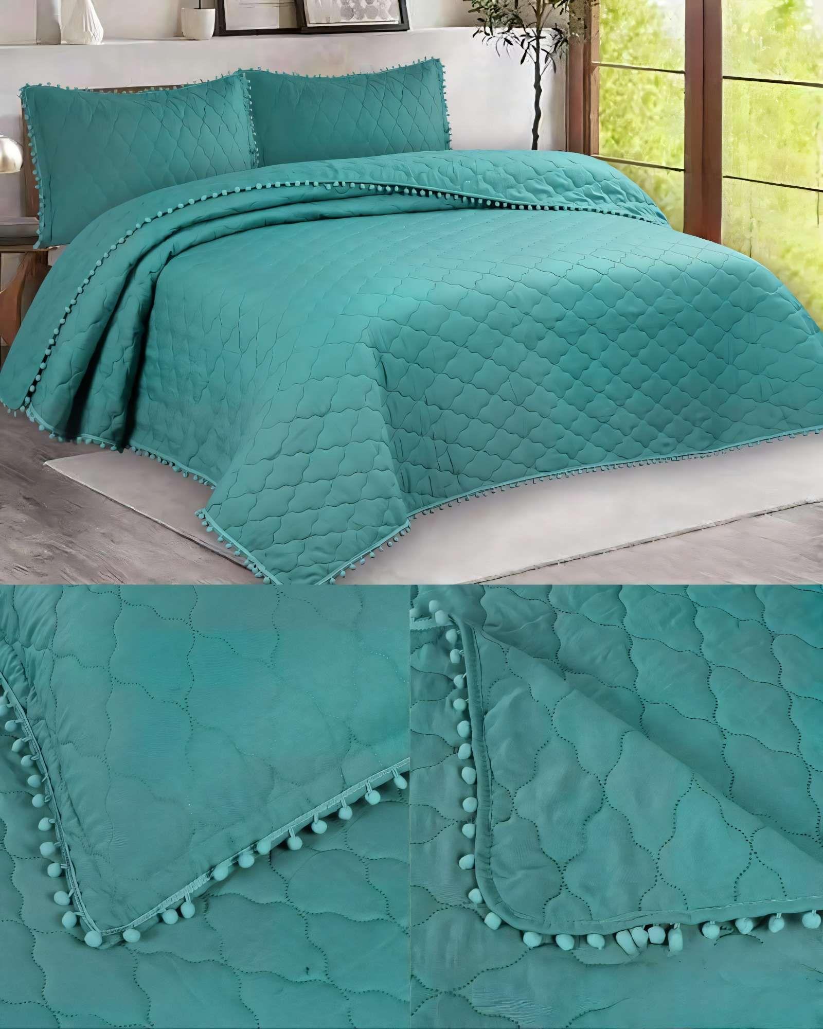 CUBRECAMA CON DETALLES DE POMPONES 2 PLAZAS COLOR VERDE-3