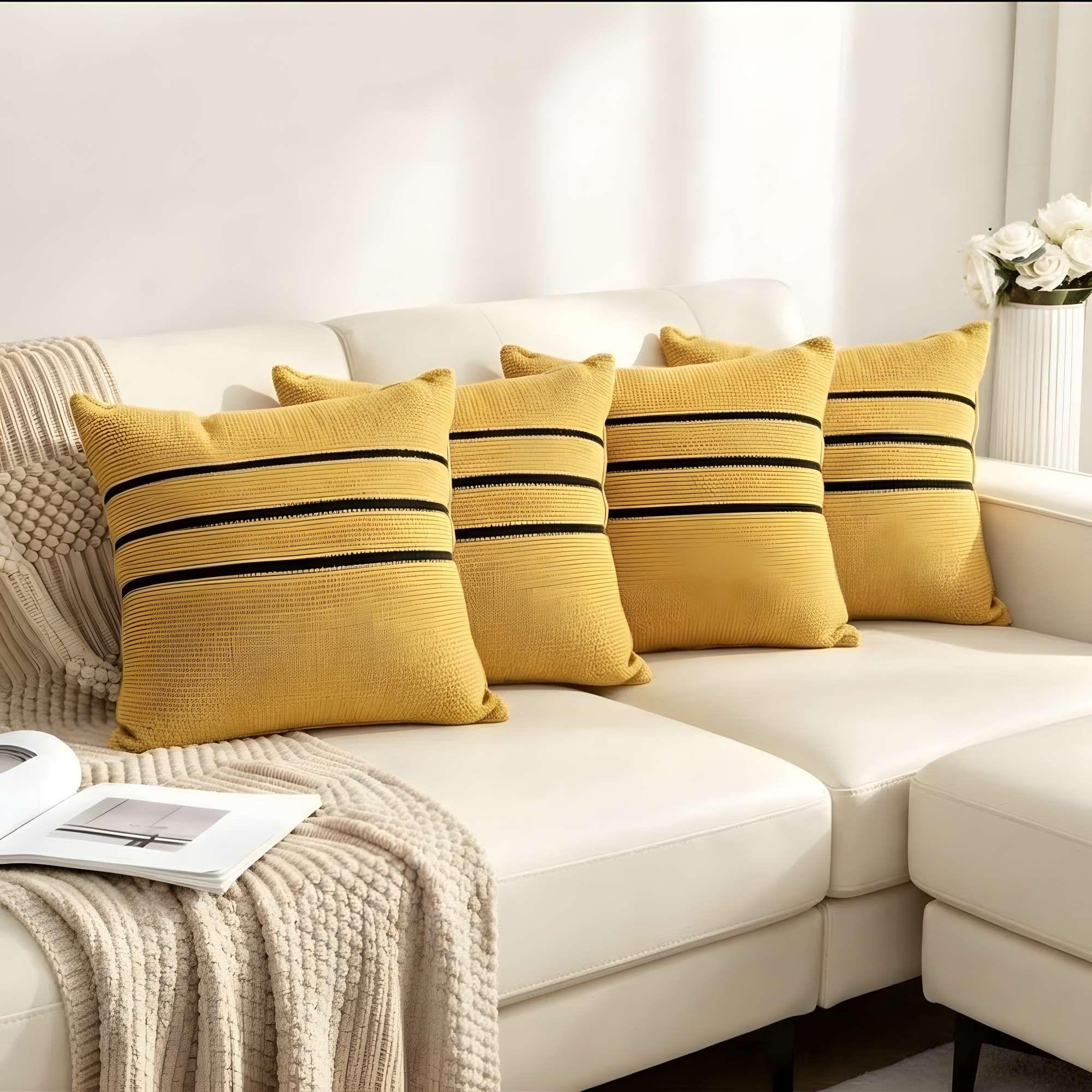 SET DE 4 FUNDAS DE COJIN CON DISEÑO DE RAYAS COLOR AMARILLO-0