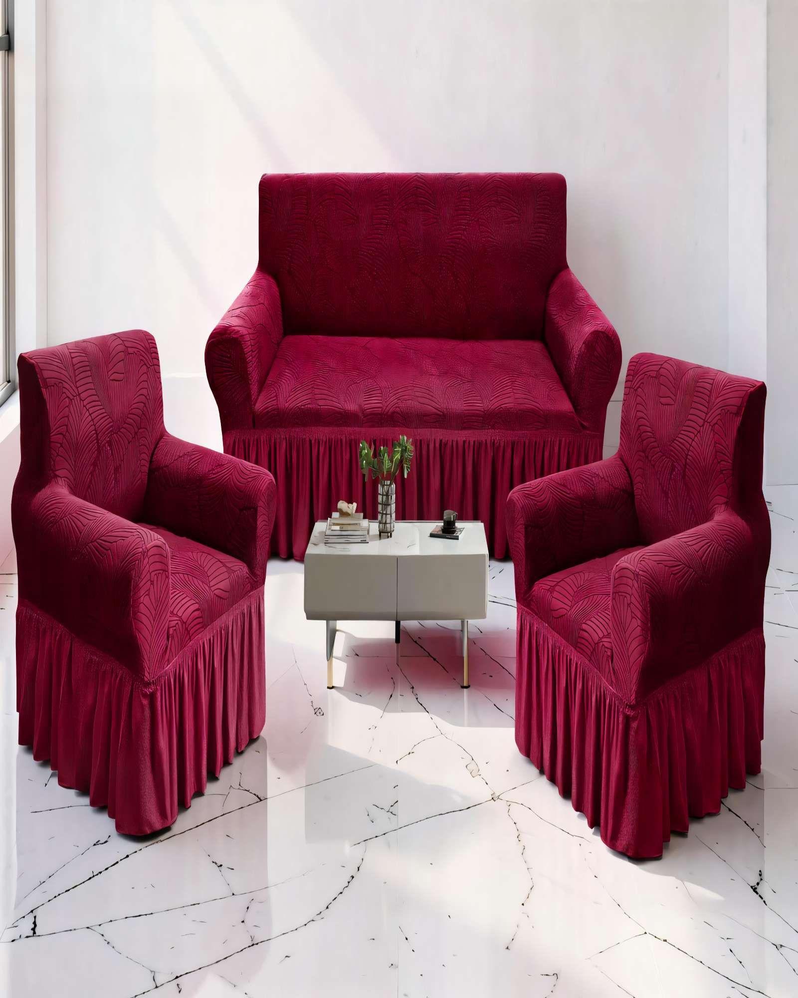 SET DE FUNDAS DE SOFA 3+1+1 CON DISEÑO EN FORMA DE HOJA CON VELO 3-1-1 COLOR BURDEO-2