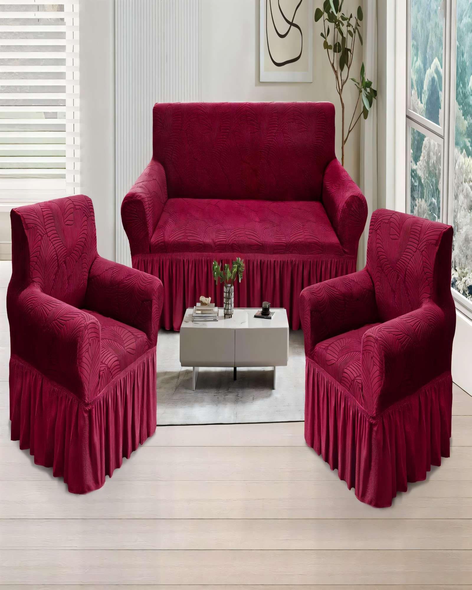 SET DE FUNDAS DE SOFA 3+1+1 CON DISEÑO EN FORMA DE HOJA CON VELO 3-1-1 COLOR BURDEO-3