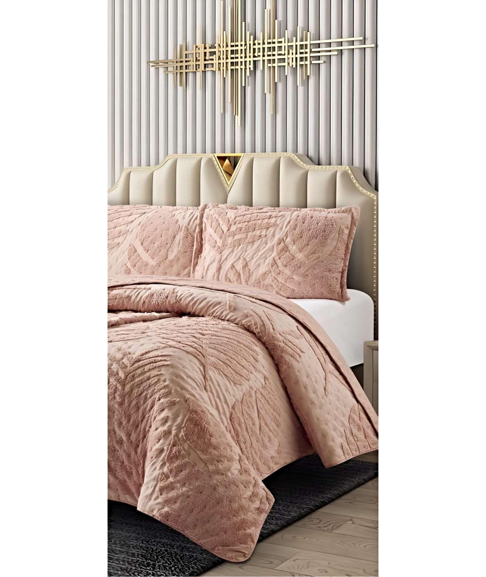 CUBRECAMA QUILT CON DISEÑO HOJA RELIEVE 2 PLAZAS ROSADO-2