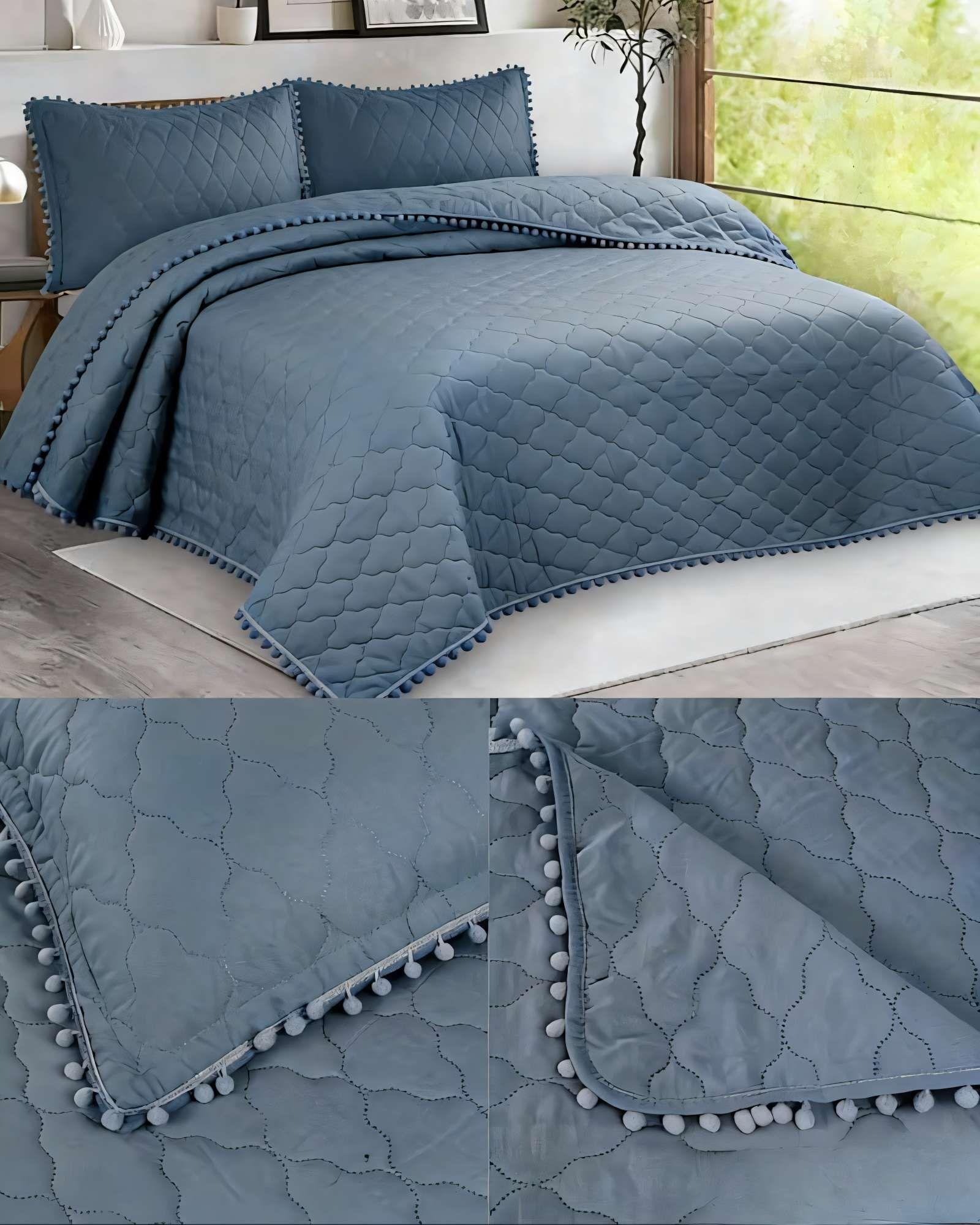 CUBRECAMA CON DETALLES DE POMPONES KING COLOR AZUL-3