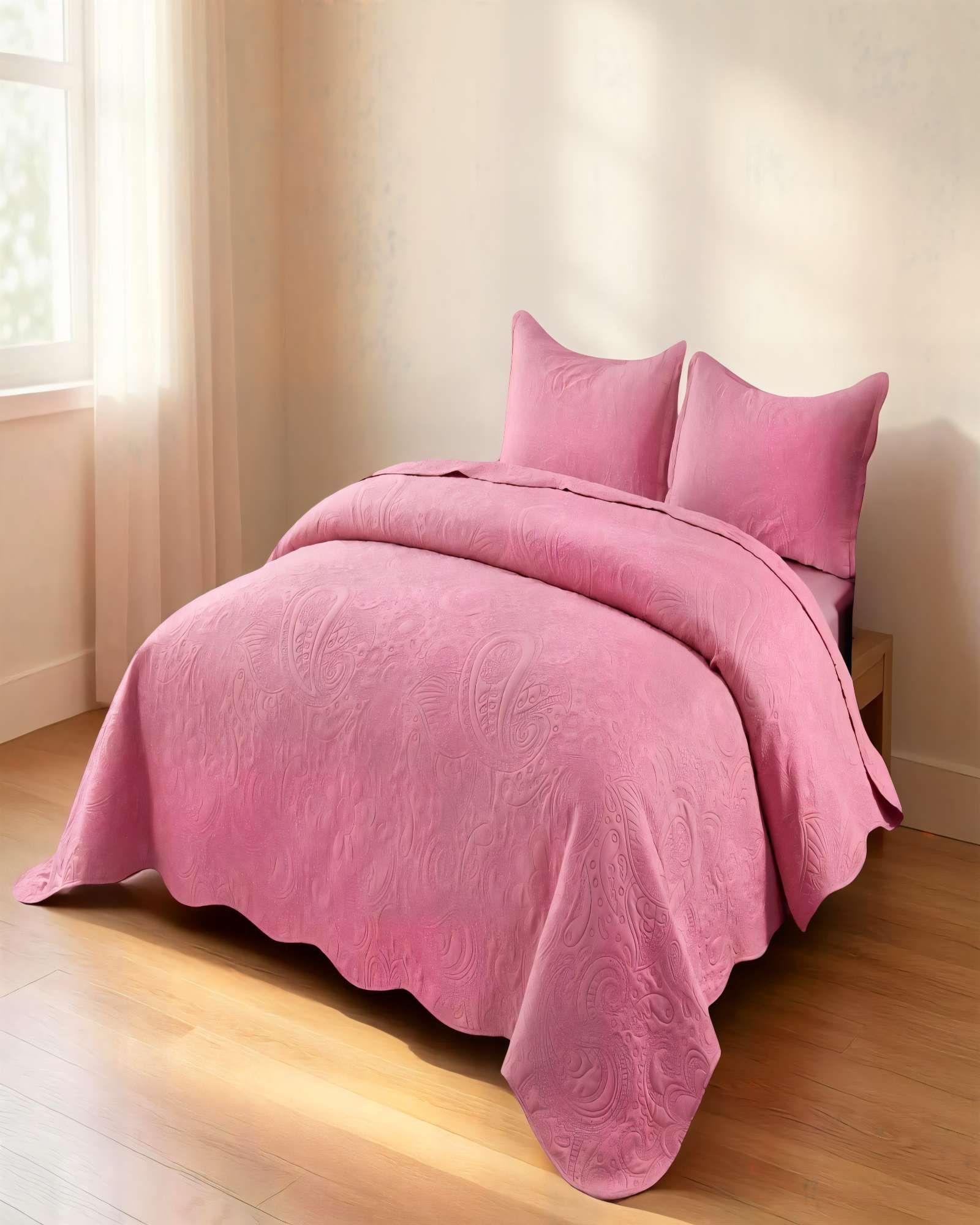CUBRECAMA QUILT DE VERANO 2 PLAZAS CON RELIEVE COLOR ROSADO-2