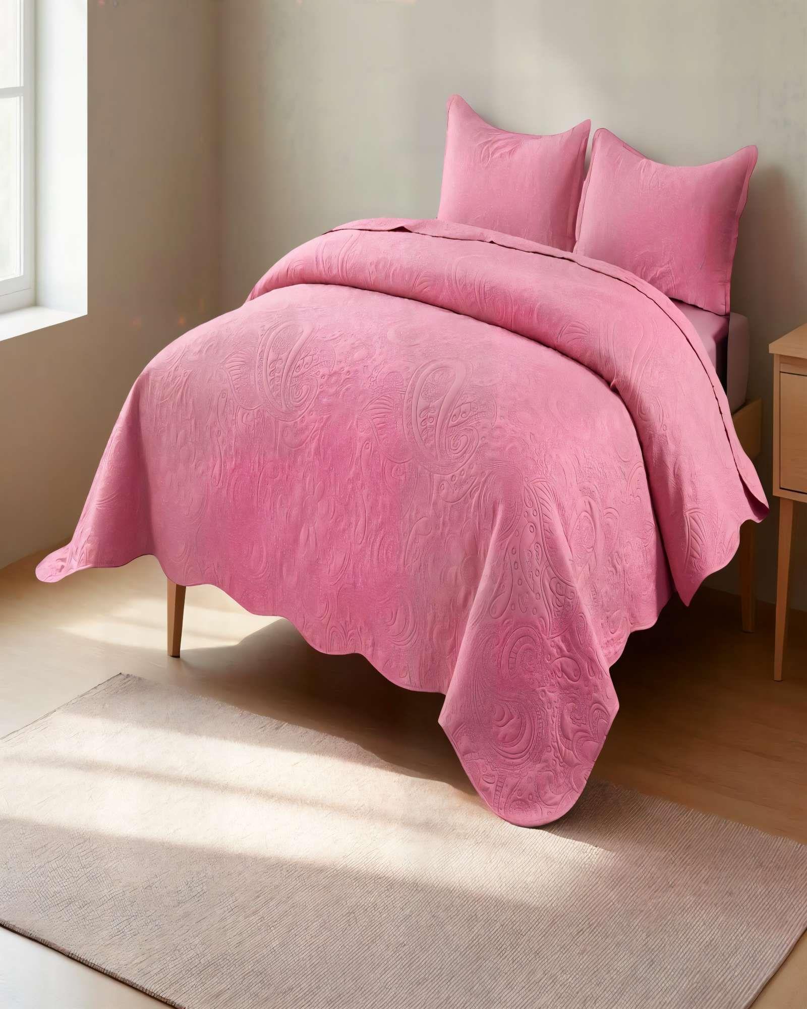 CUBRECAMA QUILT DE VERANO 2 PLAZAS CON RELIEVE COLOR ROSADO-3