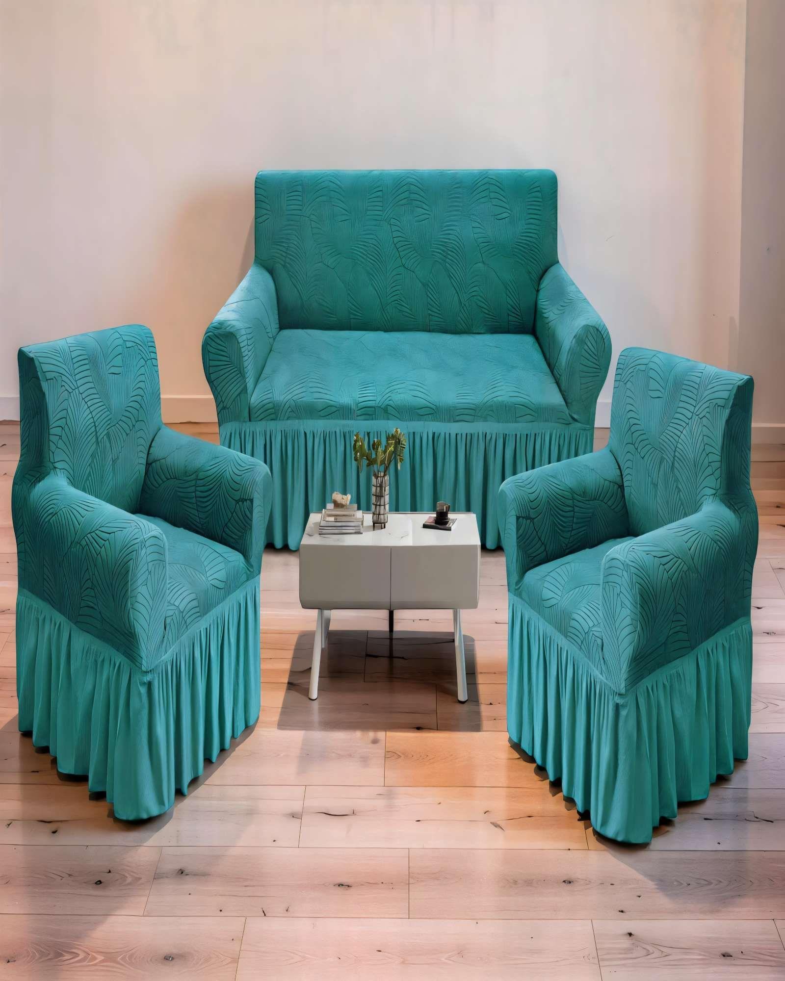 SET DE FUNDAS DE SOFA 3+1+1 CON DISEÑO EN FORMA DE HOJA CON VELO 3-1-1 COLOR TURQUESA-2