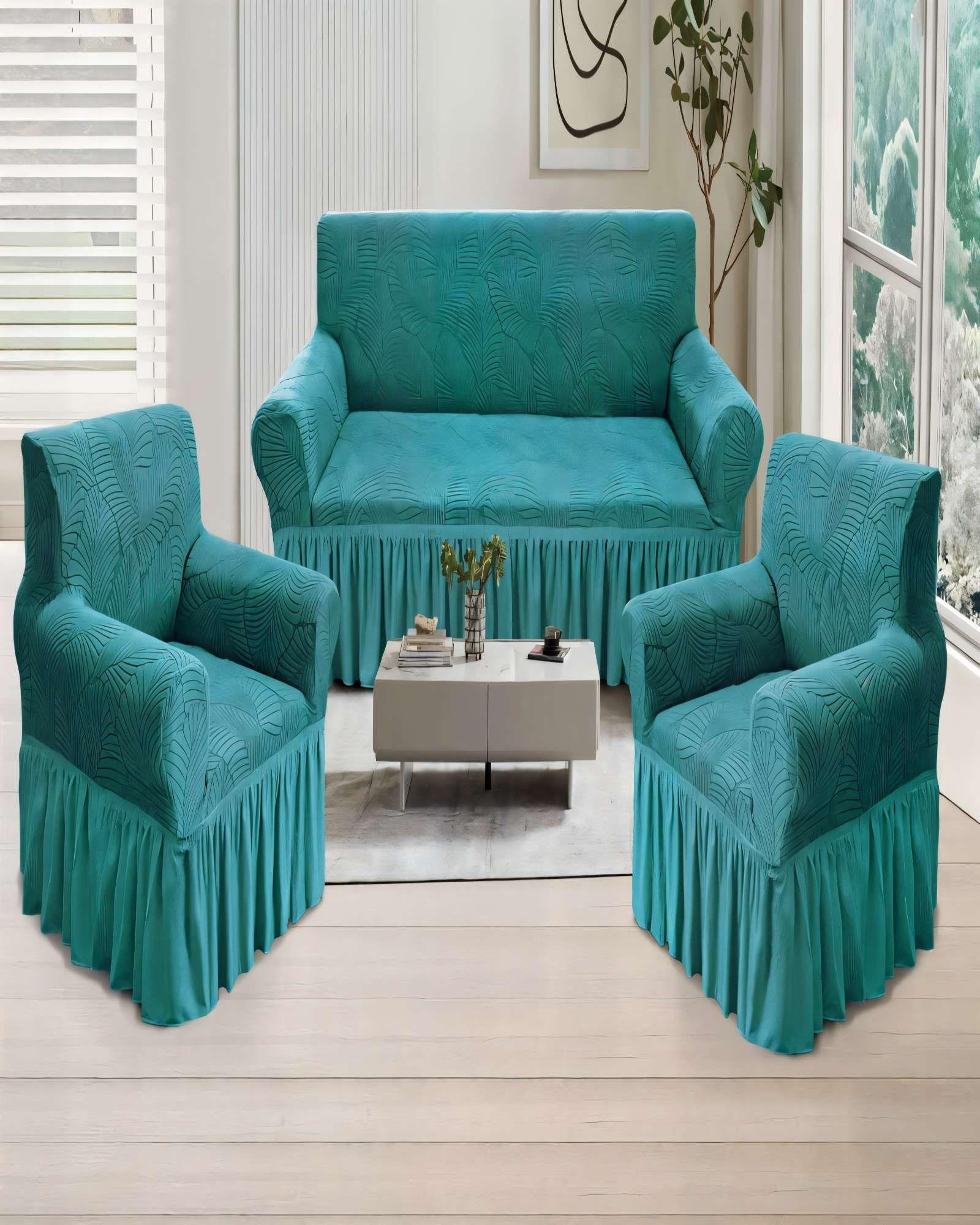 SET DE FUNDAS DE SOFA 3+1+1 CON DISEÑO EN FORMA DE HOJA CON VELO 3-1-1 COLOR TURQUESA-3