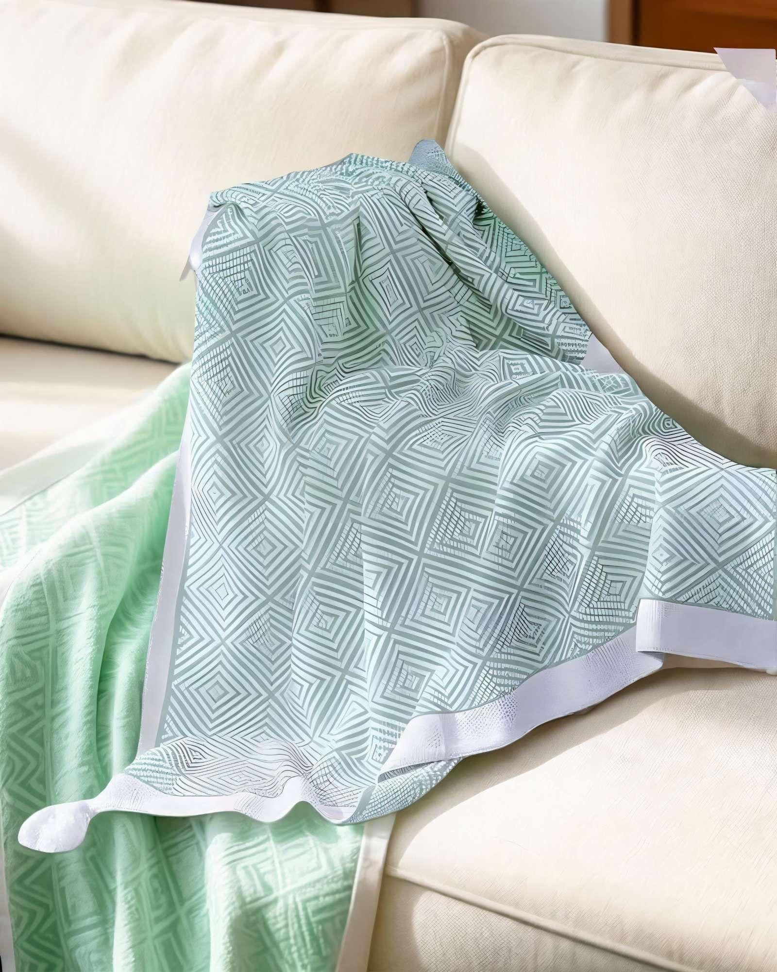 MANTA DECORATIVA CON BORLAS Y ESTAMPADO GEOMETRICO DE ROMBO COLOR VERDE -2