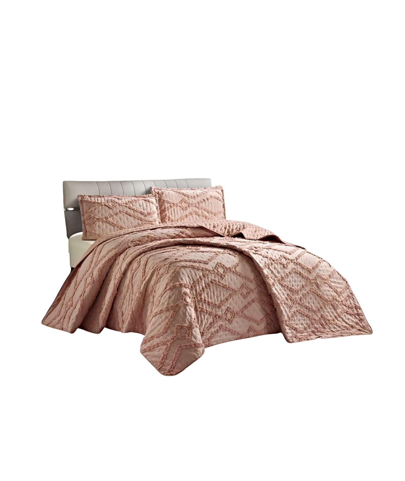 CUBRECAMA QUILT CON DISEÑO GEOMETRICO RELIEVE PLAZA Y MEDIA ROSADO-0