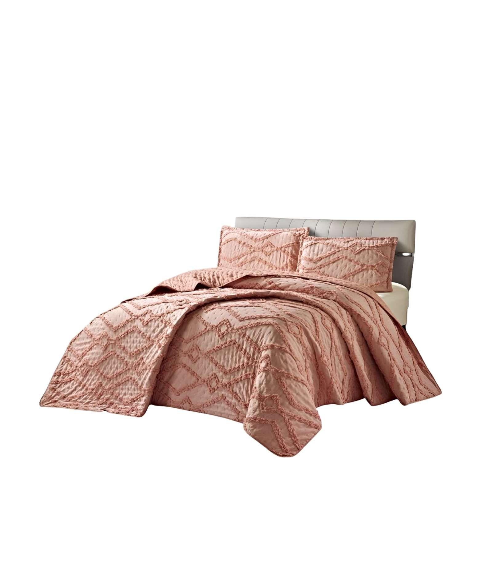 CUBRECAMA QUILT CON DISEÑO GEOMETRICO RELIEVE PLAZA Y MEDIA ROSADO-1