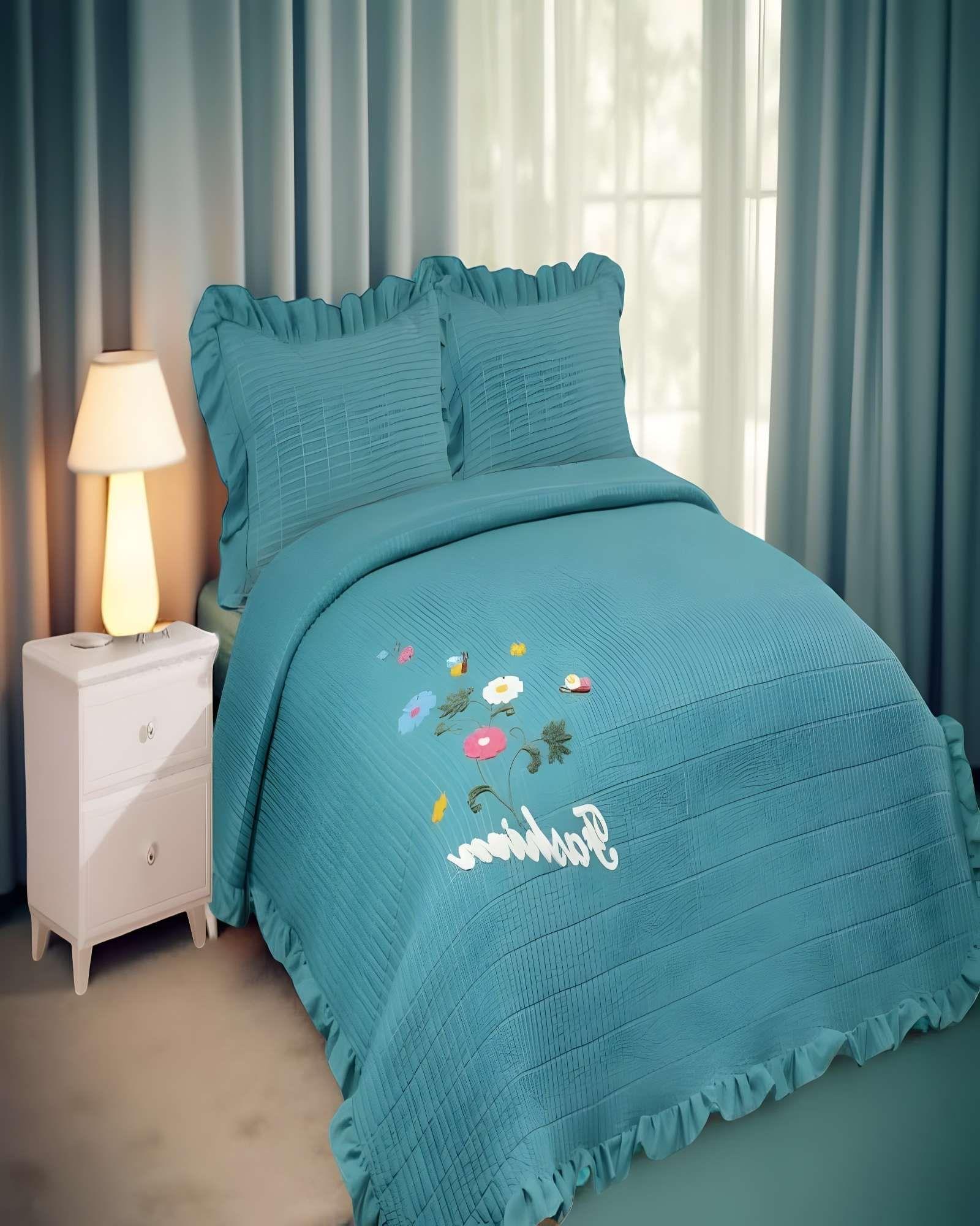 CUBRECAMA QUILT DE VERANO CON FLORES BORDADAS 2 PLAZAS TURQUESA-3
