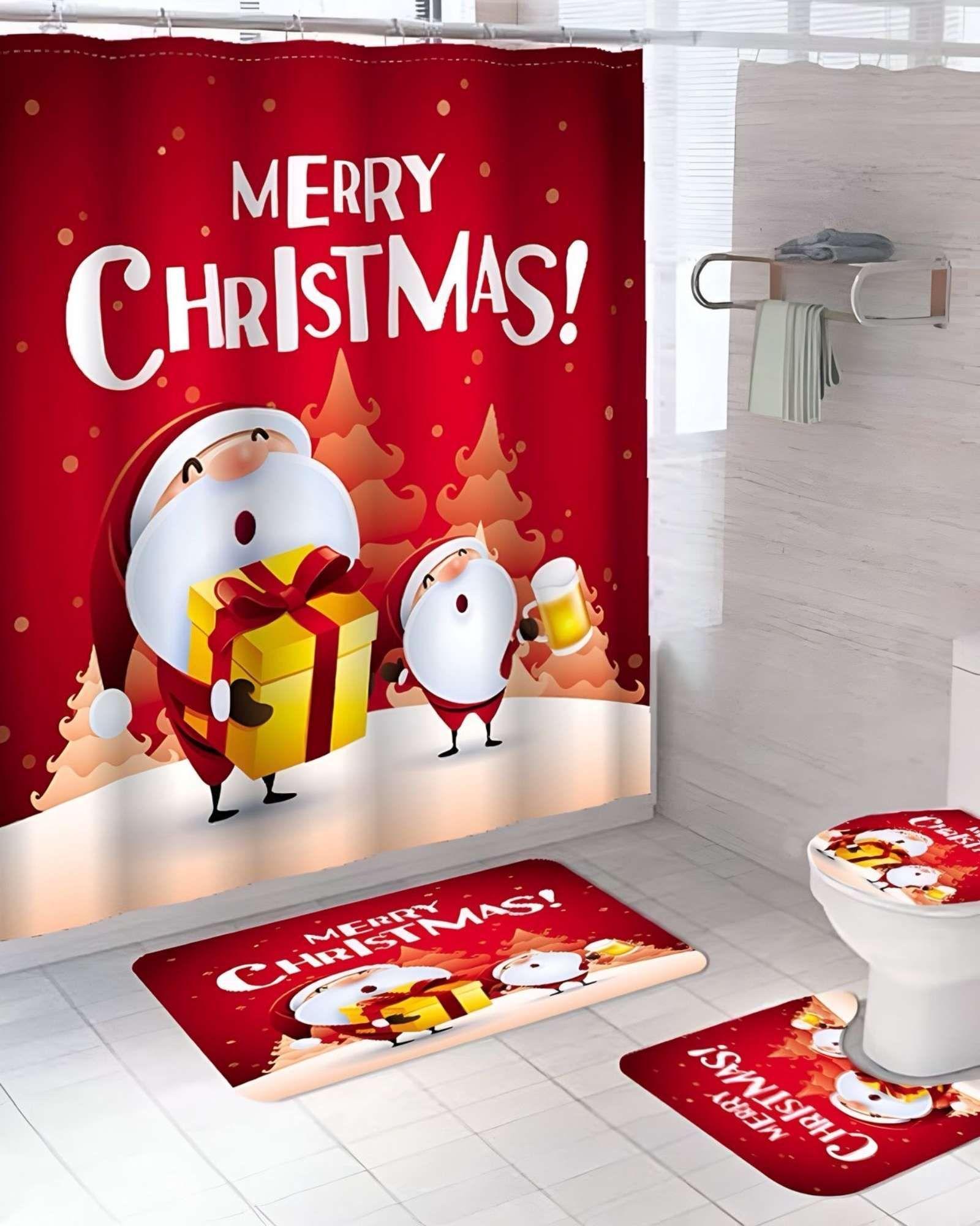 SET 4 PIEZAS CORTINA DE BAÑO Y ALFOMBRAS DISEÑO NAVIDEÑO TF02-2