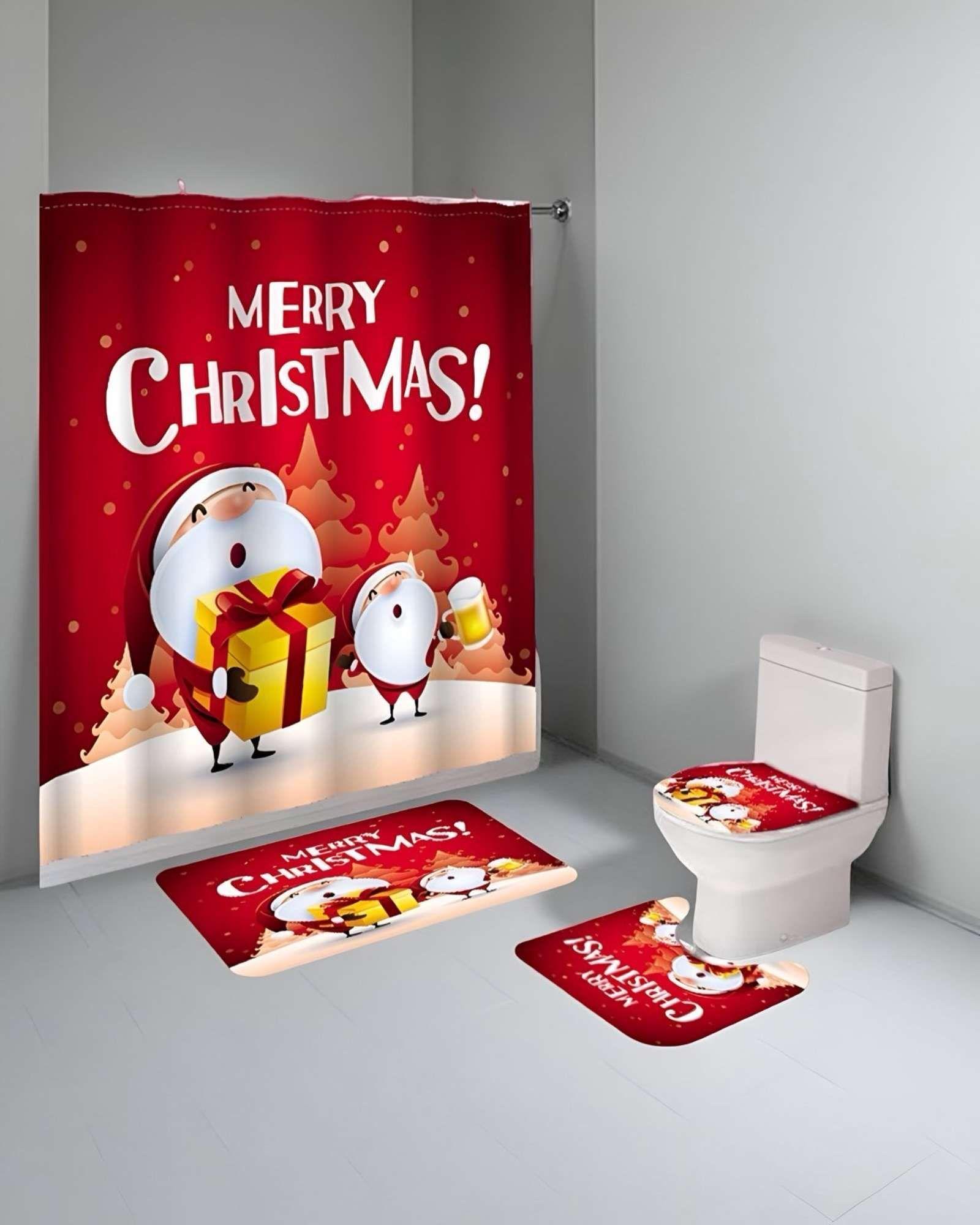 SET 4 PIEZAS CORTINA DE BAÑO Y ALFOMBRAS DISEÑO NAVIDEÑO TF02-3