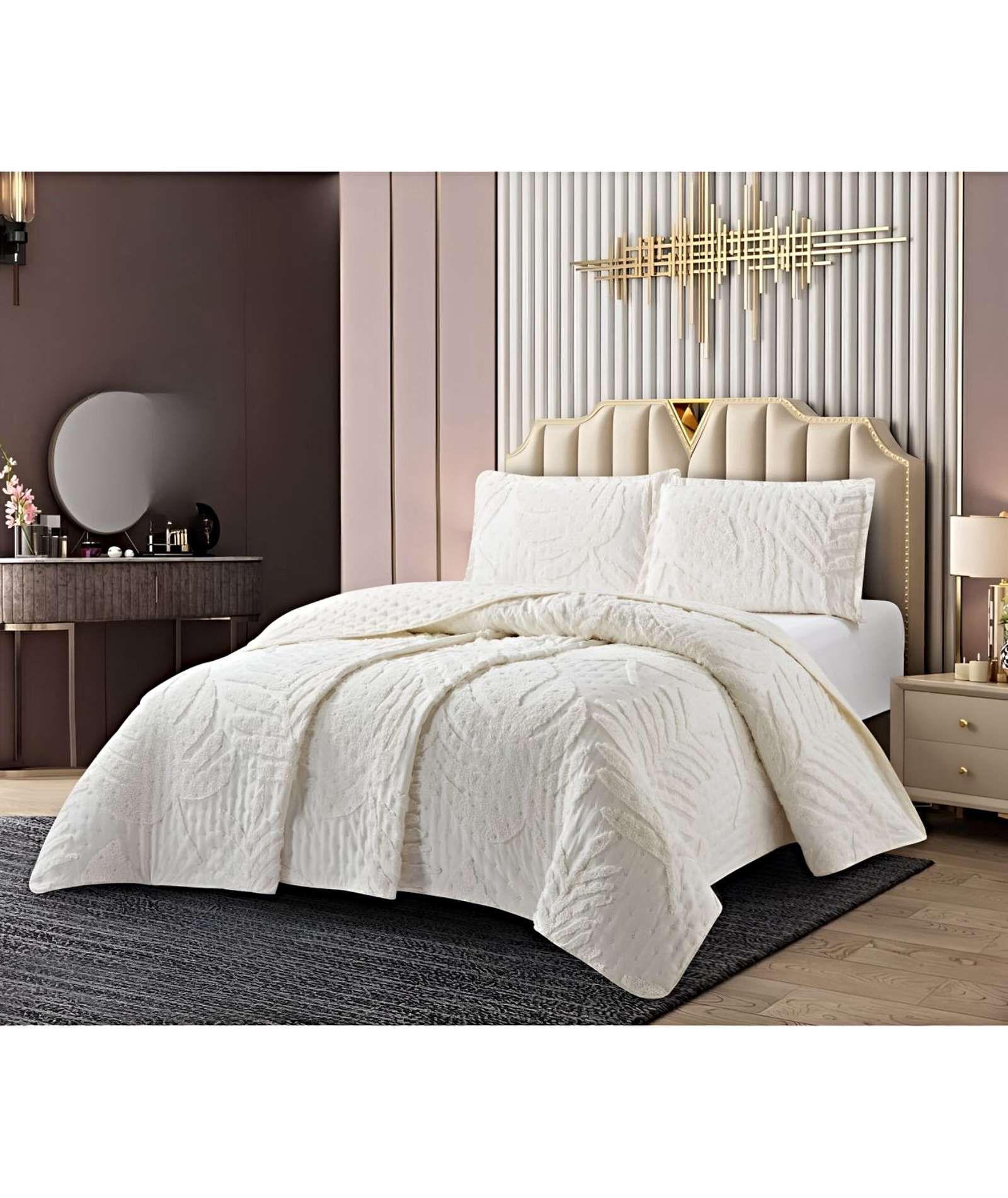 CUBRECAMA QUILT CON DISEÑO HOJA RELIEVE PLAZA Y MEDIA BLANCO-3