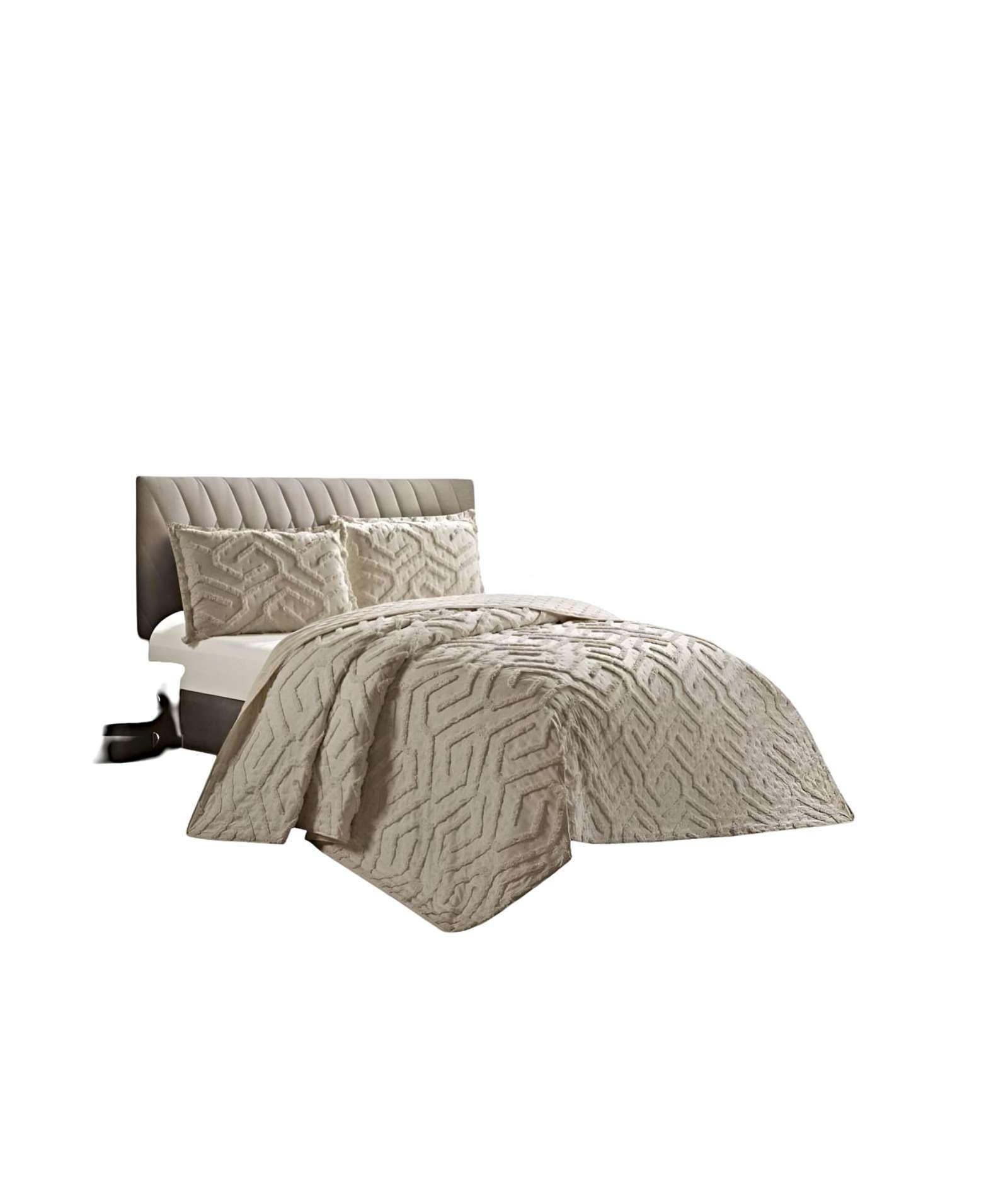 CUBRECAMA QUILT CON DISEÑO RELIEVE PLAZA Y MEDIA BEIGE-0