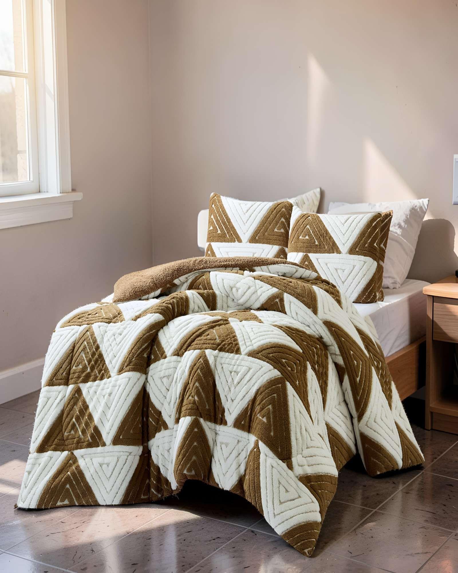 COBERTOR DE JACQUERD CUTTING 2 PLAZAS COLOR BLANCO CON MOSTAZA-2