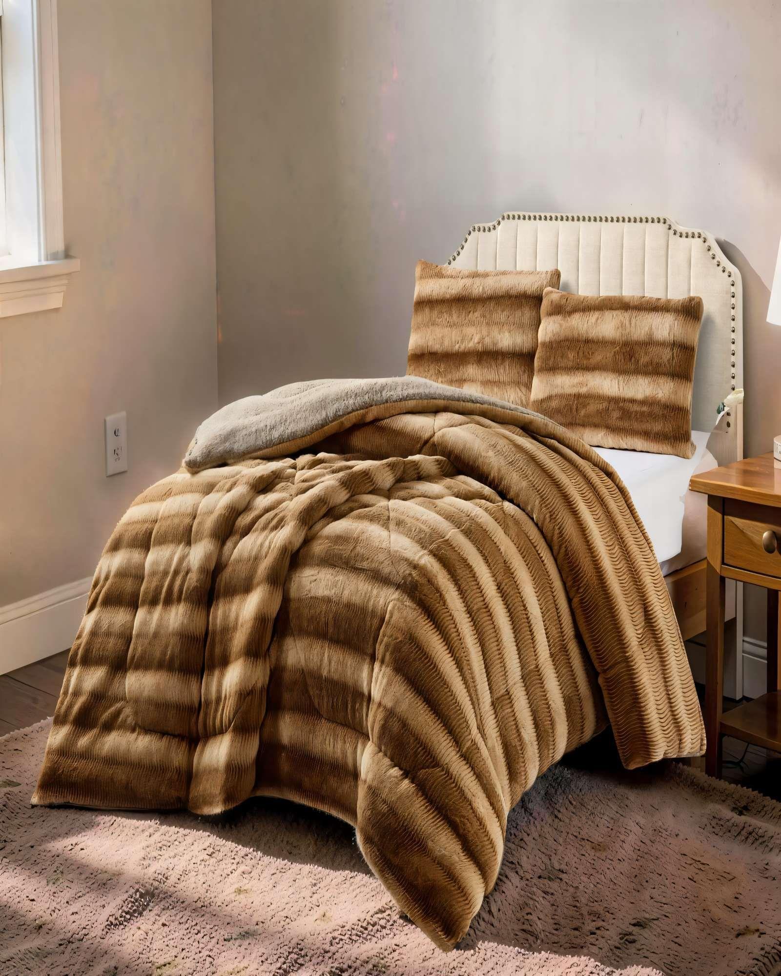 COBERTOR IMITACION DE PIEL DE CONEJO CON DISEÑO 2PLAZA COLOR CAFÉ 2-2