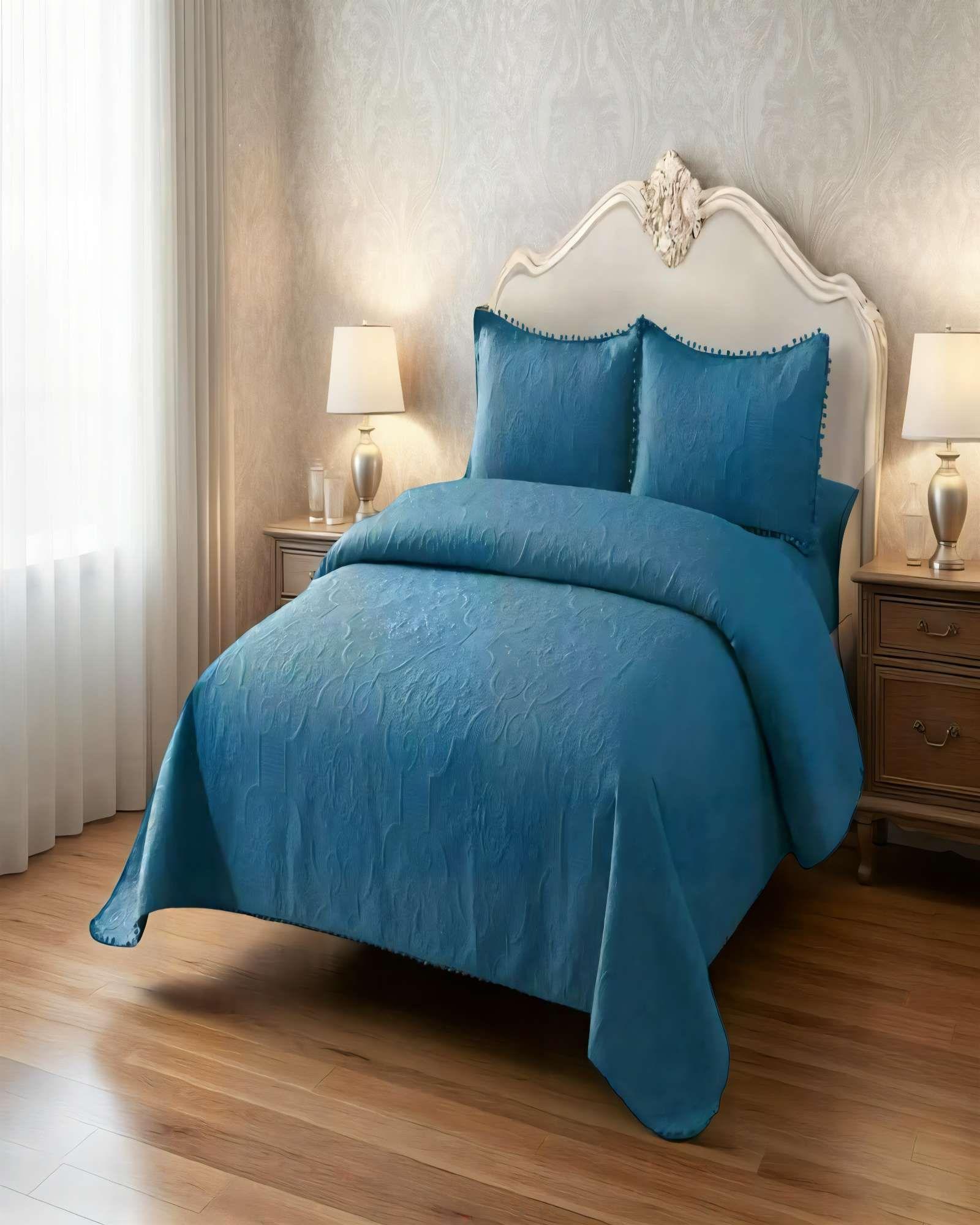 CUBRECAMA QUILT DE VERANO 2 PLAZAS CON POMPON COLOR AZUL -3