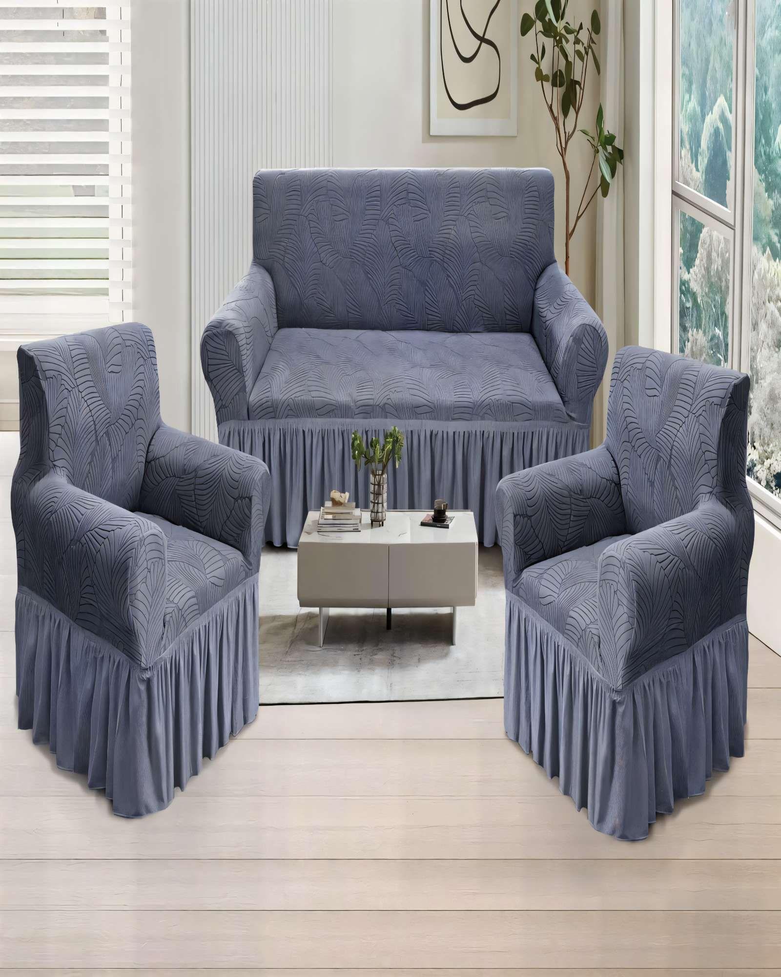 SET DE FUNDAS DE SOFA 3+1+1 CON DISEÑO EN FORMA DE HOJA CON VELO 3-1-1 COLOR GRIS-3