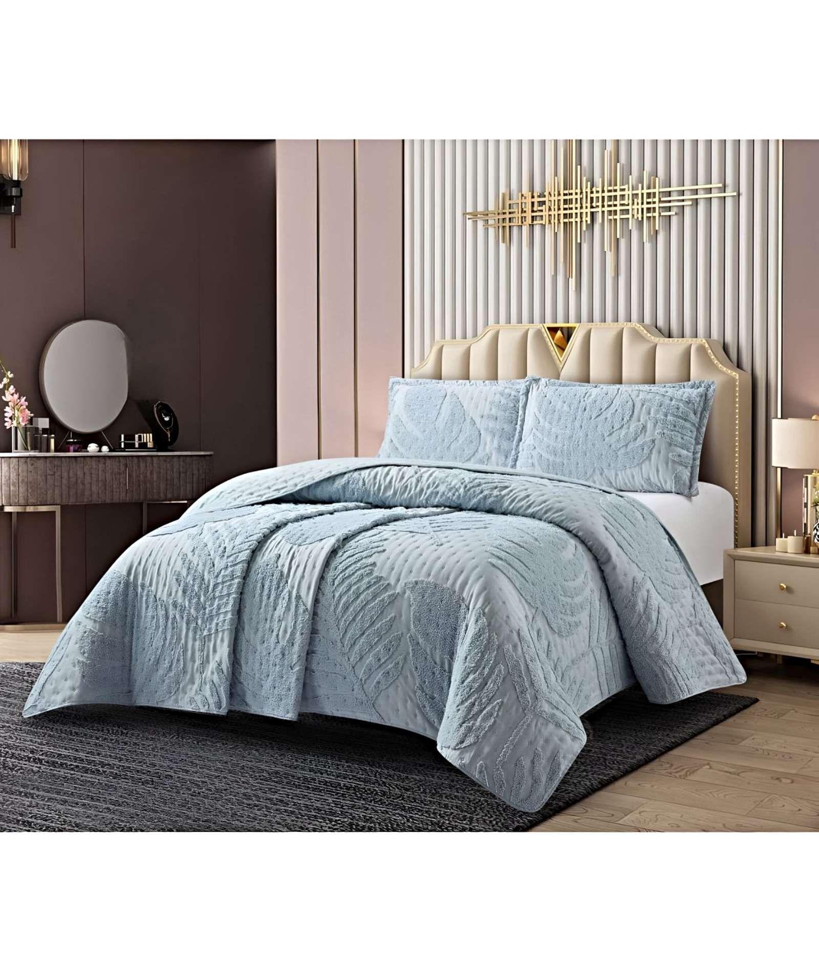 CUBRECAMA QUILT CON DISEÑO HOJA RELIEVE 2 PLAZAS AZUL-3