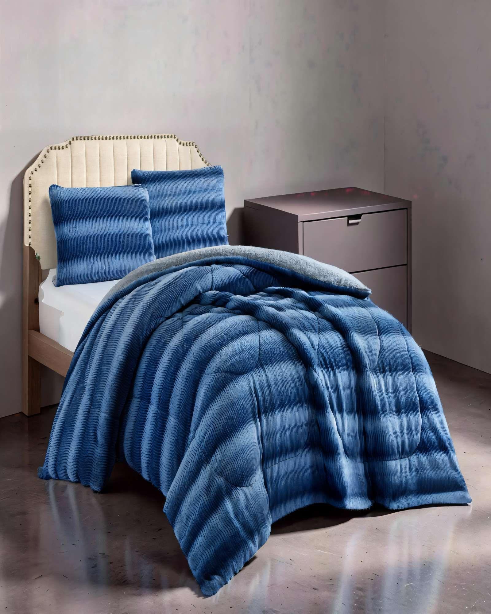 COBERTOR IMITACION DE PIEL DE CONEJO CON DISEÑO 2PLAZA COLOR AZUL-3