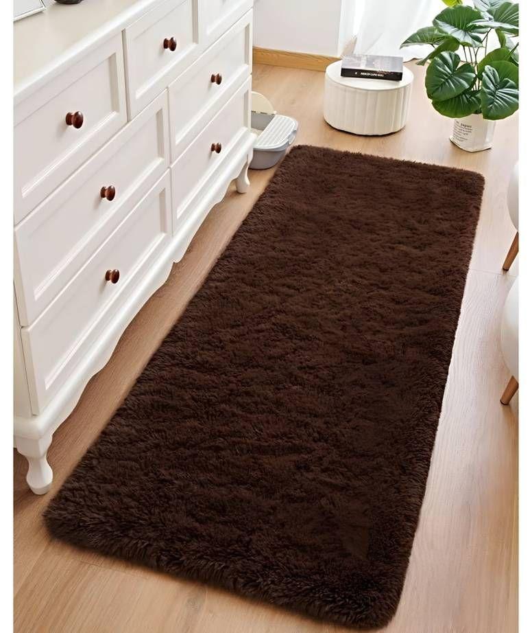 Juego por 2 Alfombra pasillera peluda liviana 70x150 ultra suave CAFÉ-2