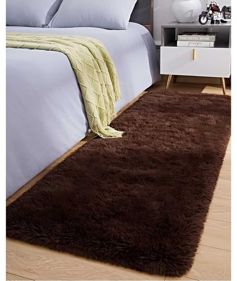 Juego por 2 Alfombra pasillera peluda liviana 70x150 ultra suave CAFÉ-3