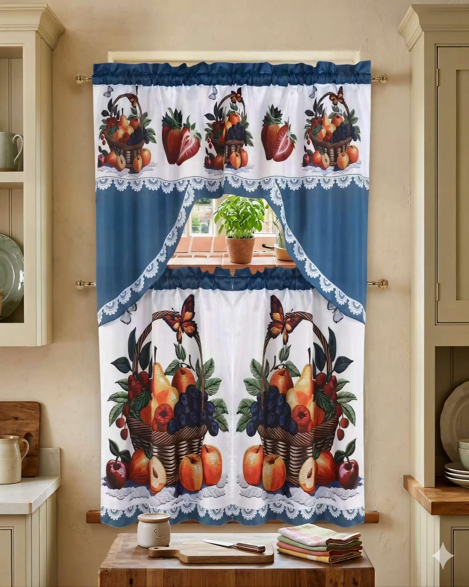 SET 3 PIEZAS CORTINA PARA COCINA CON DISEÑO COLOR BLANCO CON AZUL-3