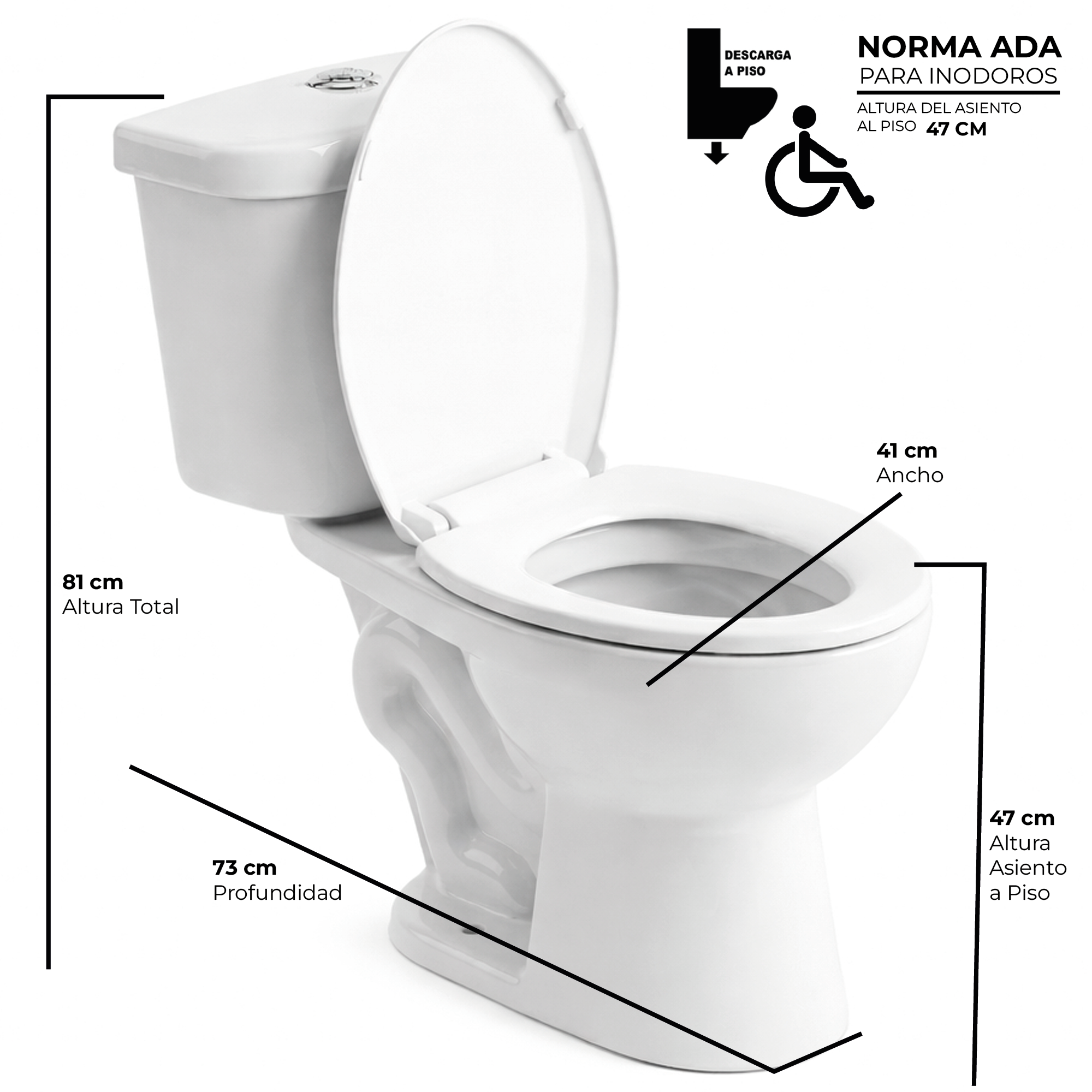 WC Inodoro Two Piece para Discapacitados Descarga a Piso 30 cm-2