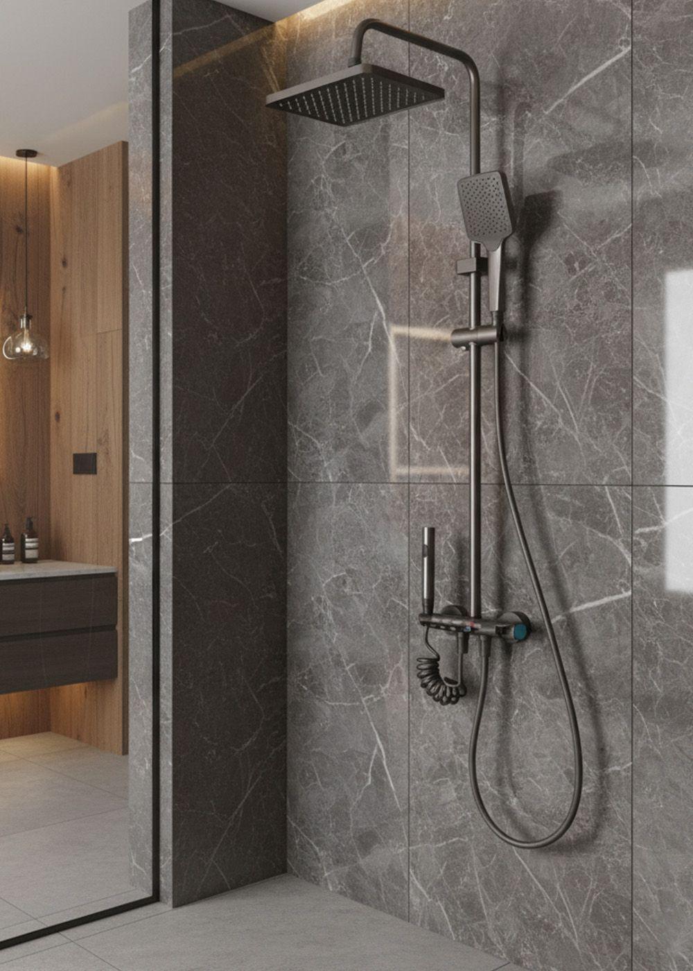 COLUMNA DUCHA TECLADO MONOMANDO 4 FUNCIONES PLATO RECTANGULAR GRIS GRAFITO-2