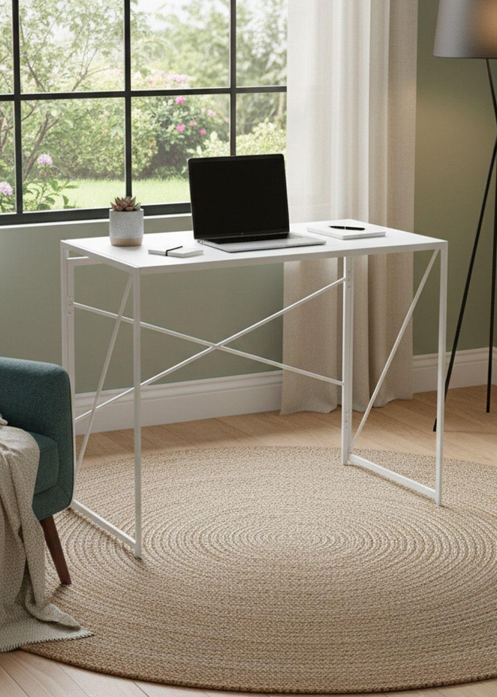 Mesa Escritorio Plegable de Metal y Madera Blanco 100x50x75 cm-4