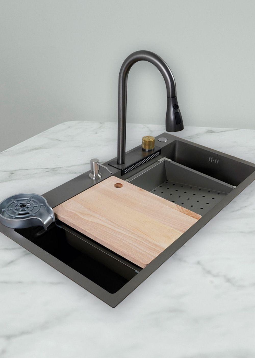 Lavaplatos Americano Icon con Monomando y Cascada Joytek Gris 80x45x22 cm-2