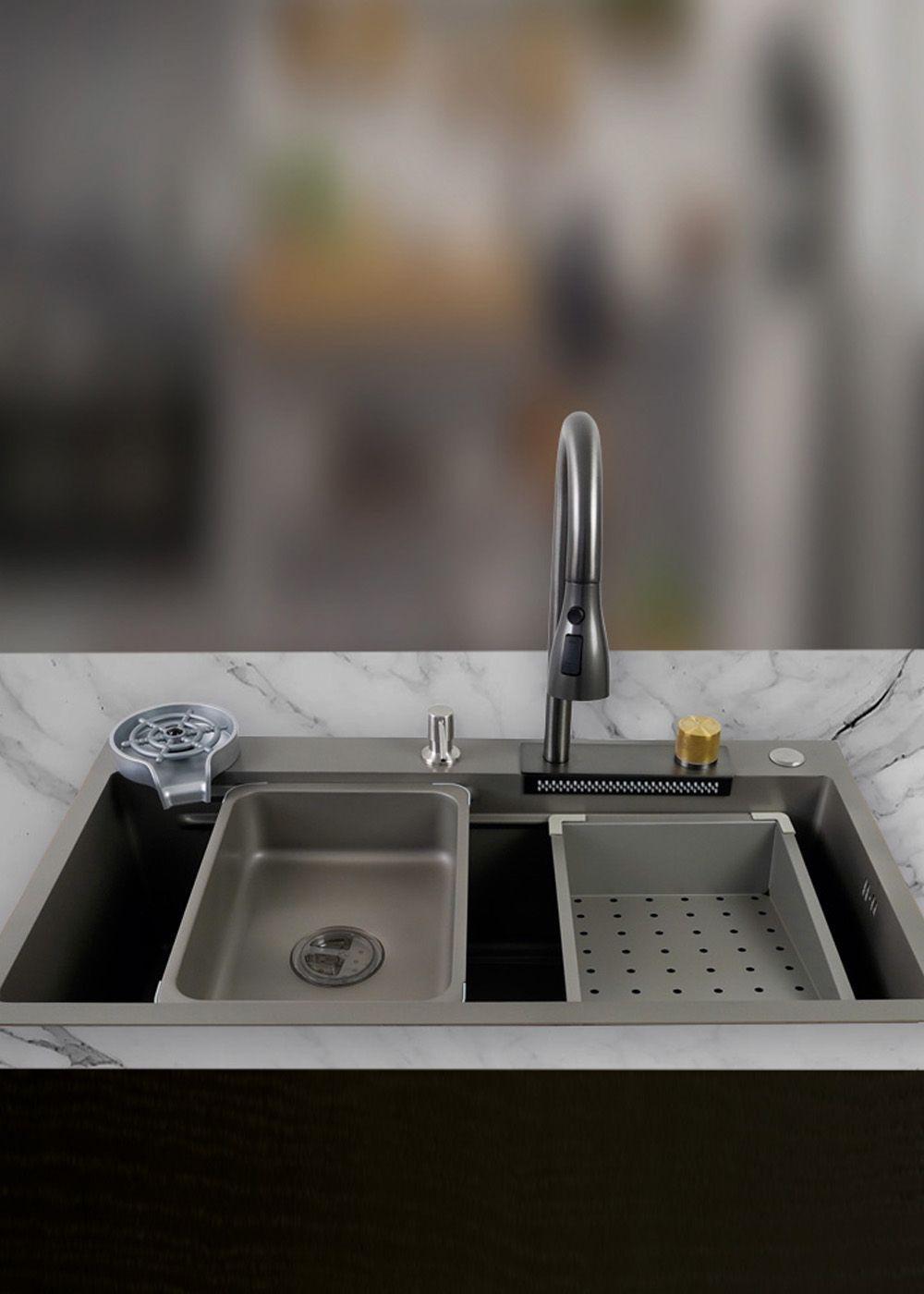 Lavaplatos Americano Icon con Monomando y Cascada Joytek Gris 80x45x22 cm-3