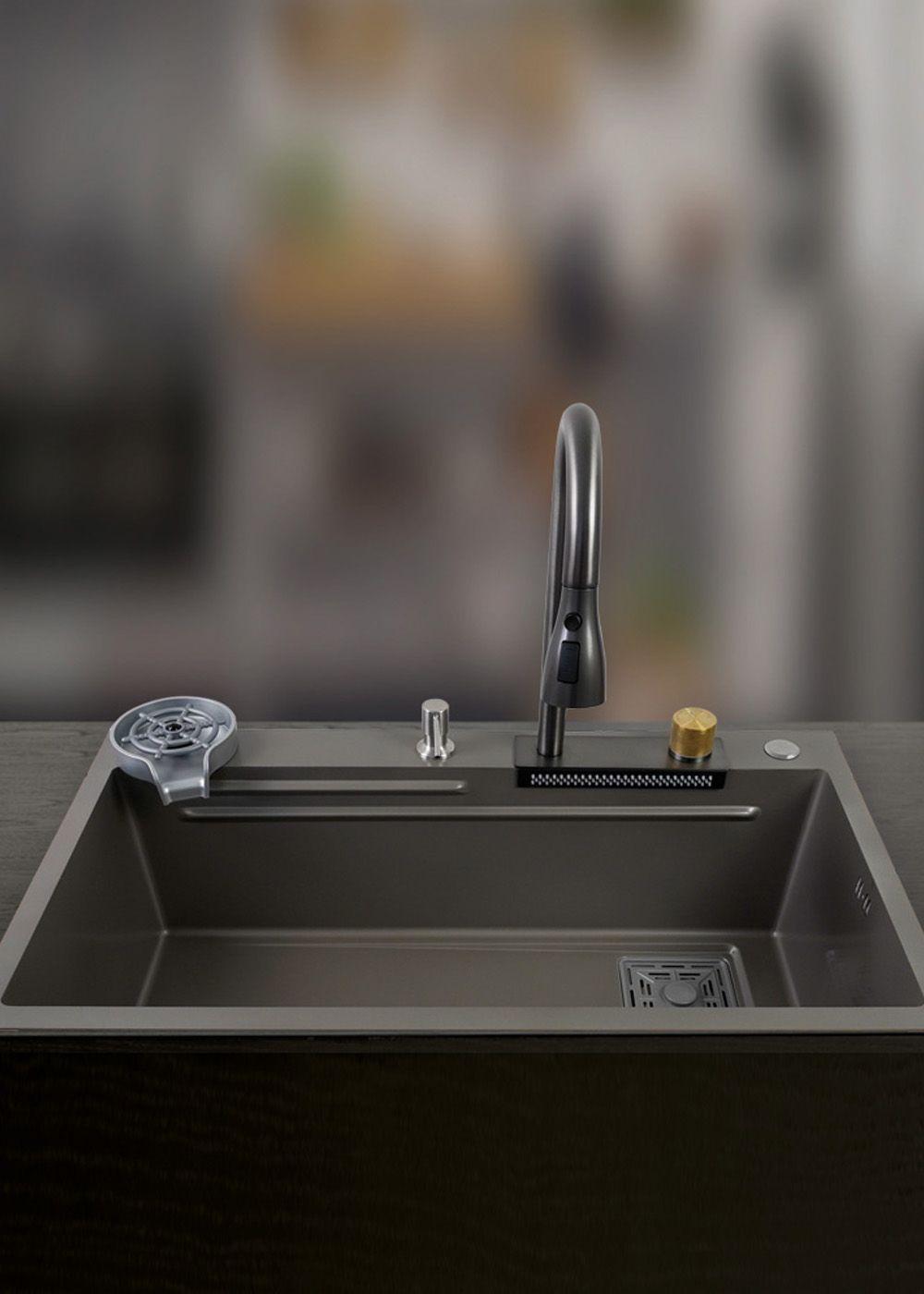 Lavaplatos Americano Icon con Monomando y Cascada Joytek Gris 80x45x22 cm-4