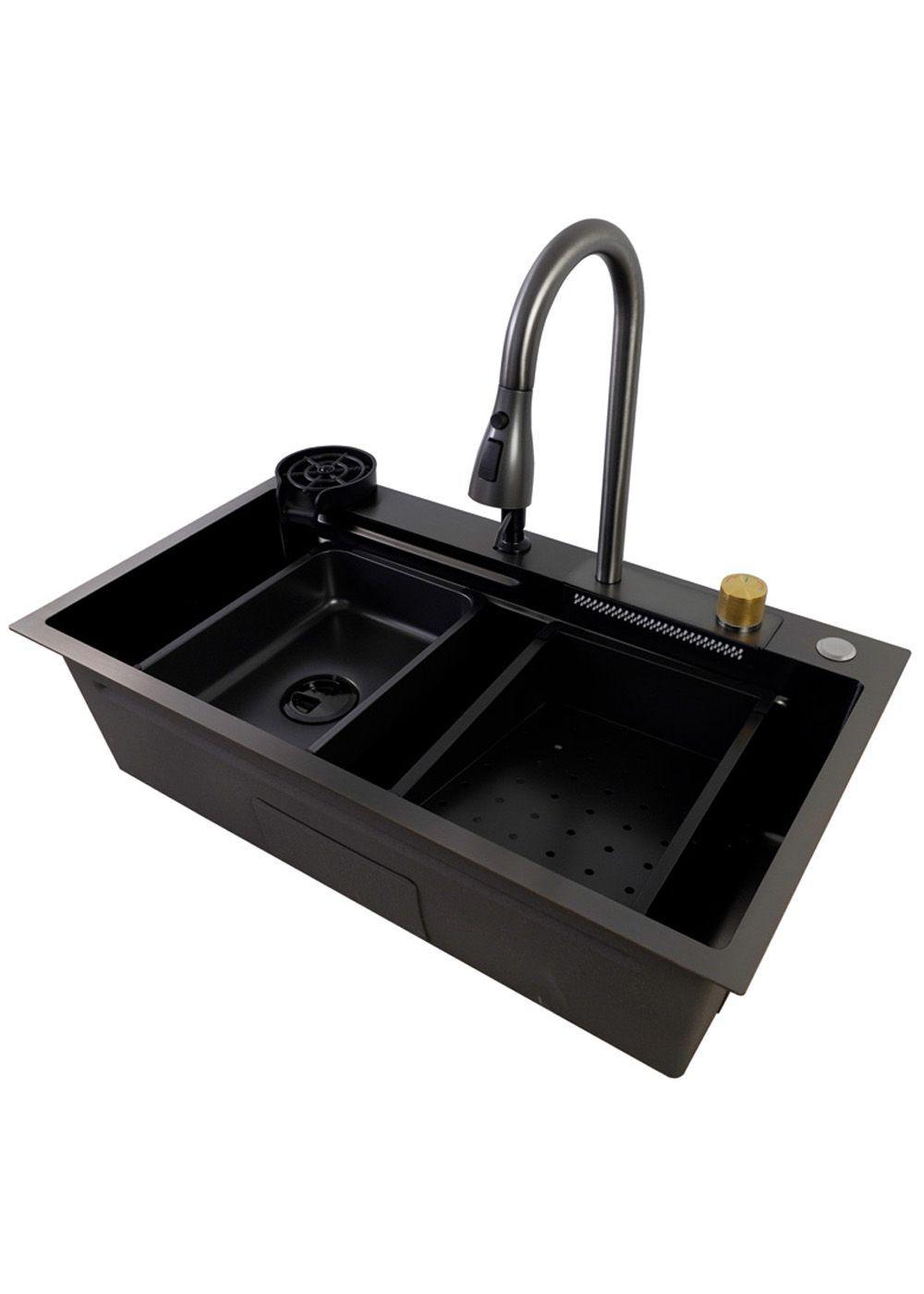 Lavaplatos Americano Icon con Monomando y Cascada Joytek Negro 75x45x22 cm-2