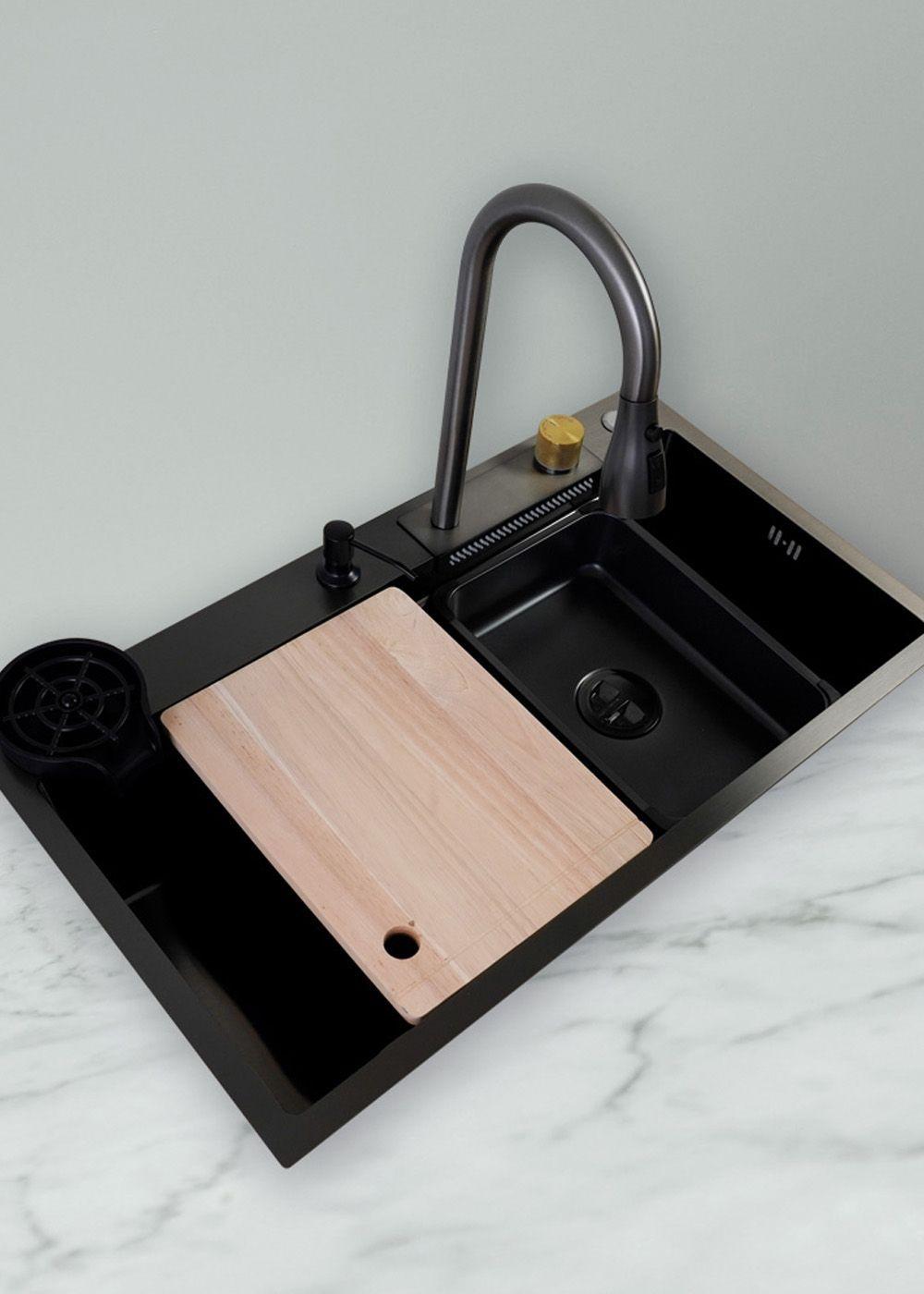 Lavaplatos Americano Icon con Monomando y Cascada Joytek Negro 75x45x22 cm-3