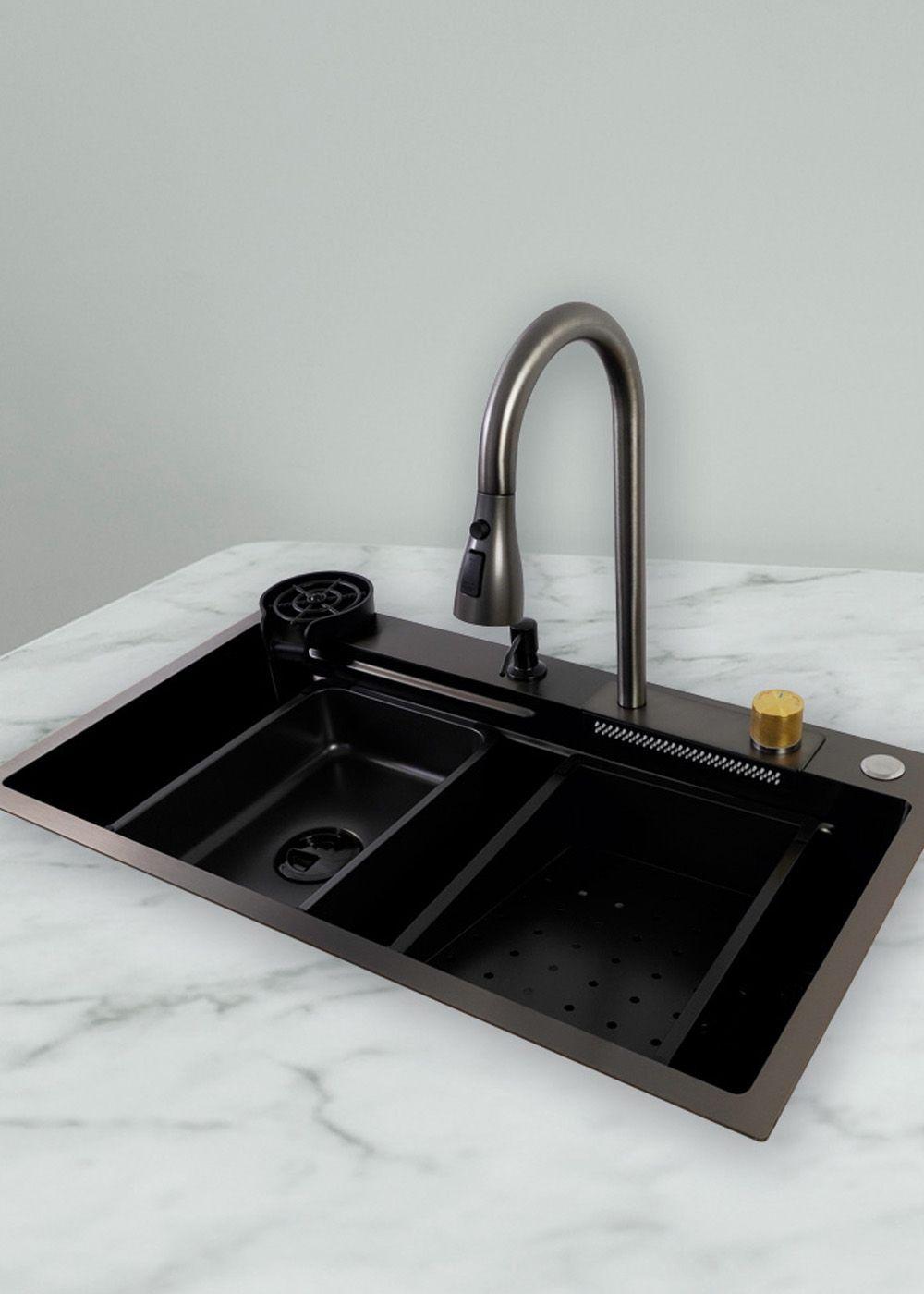 Lavaplatos Americano Icon con Monomando y Cascada Joytek Negro 75x45x22 cm-4