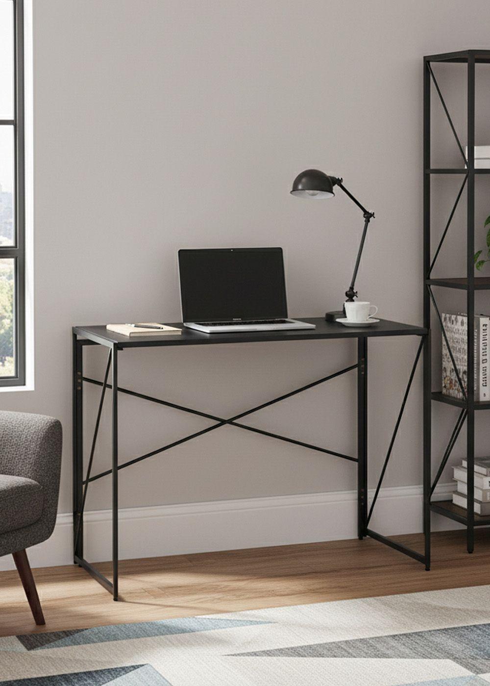 Mesa Escritorio Plegable de Metal y Madera Negro 100x50x75 cm-3