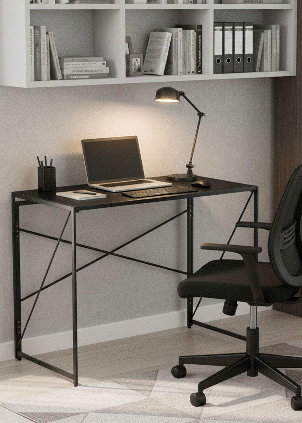 Mesa Escritorio Plegable de Metal y Madera Negro 100x50x75 cm-4