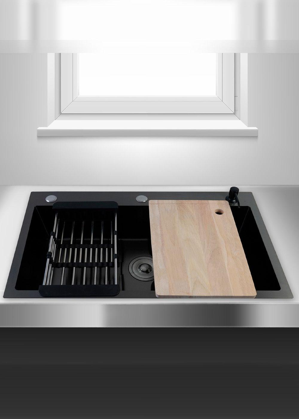Lavaplatos Americano Icon con Canasto y Tabla Joytek Negro 75x45x19 cm-3