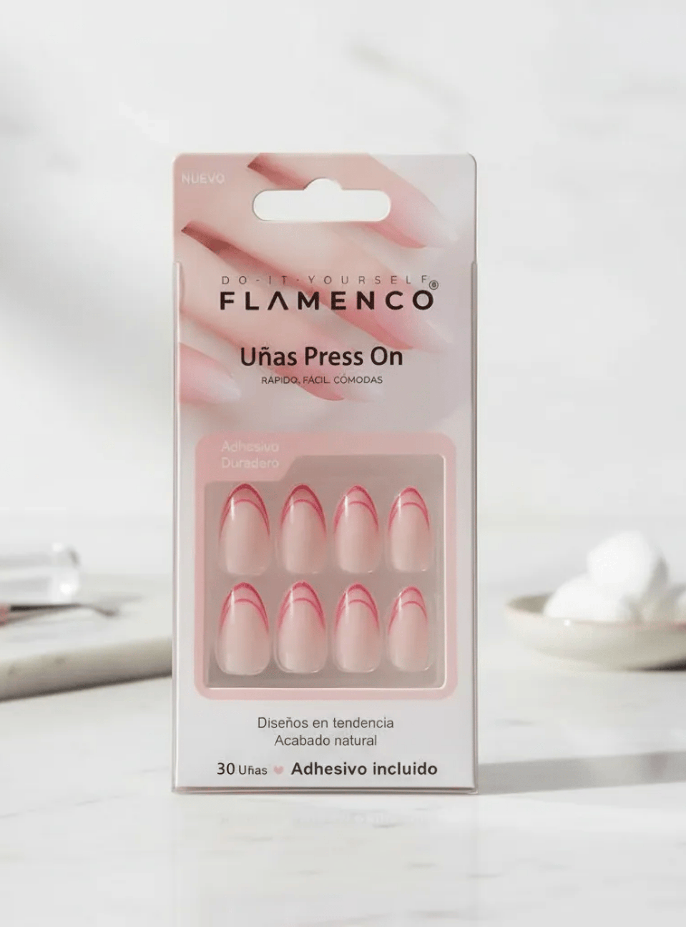 Uñas Press On Acabado Natural Francesa Líneas Rojas-2