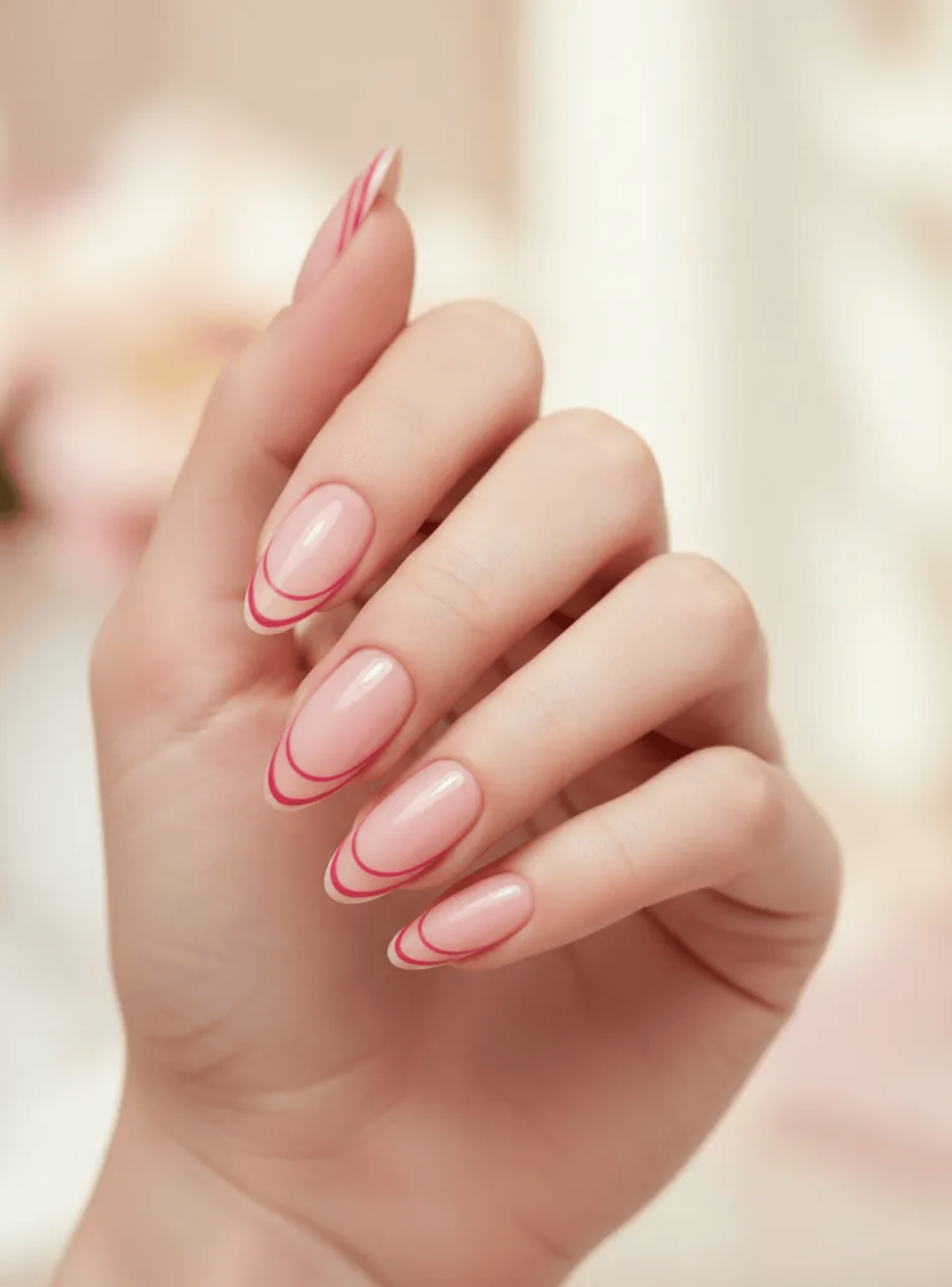 Uñas Press On Acabado Natural Francesa Líneas Rojas-4