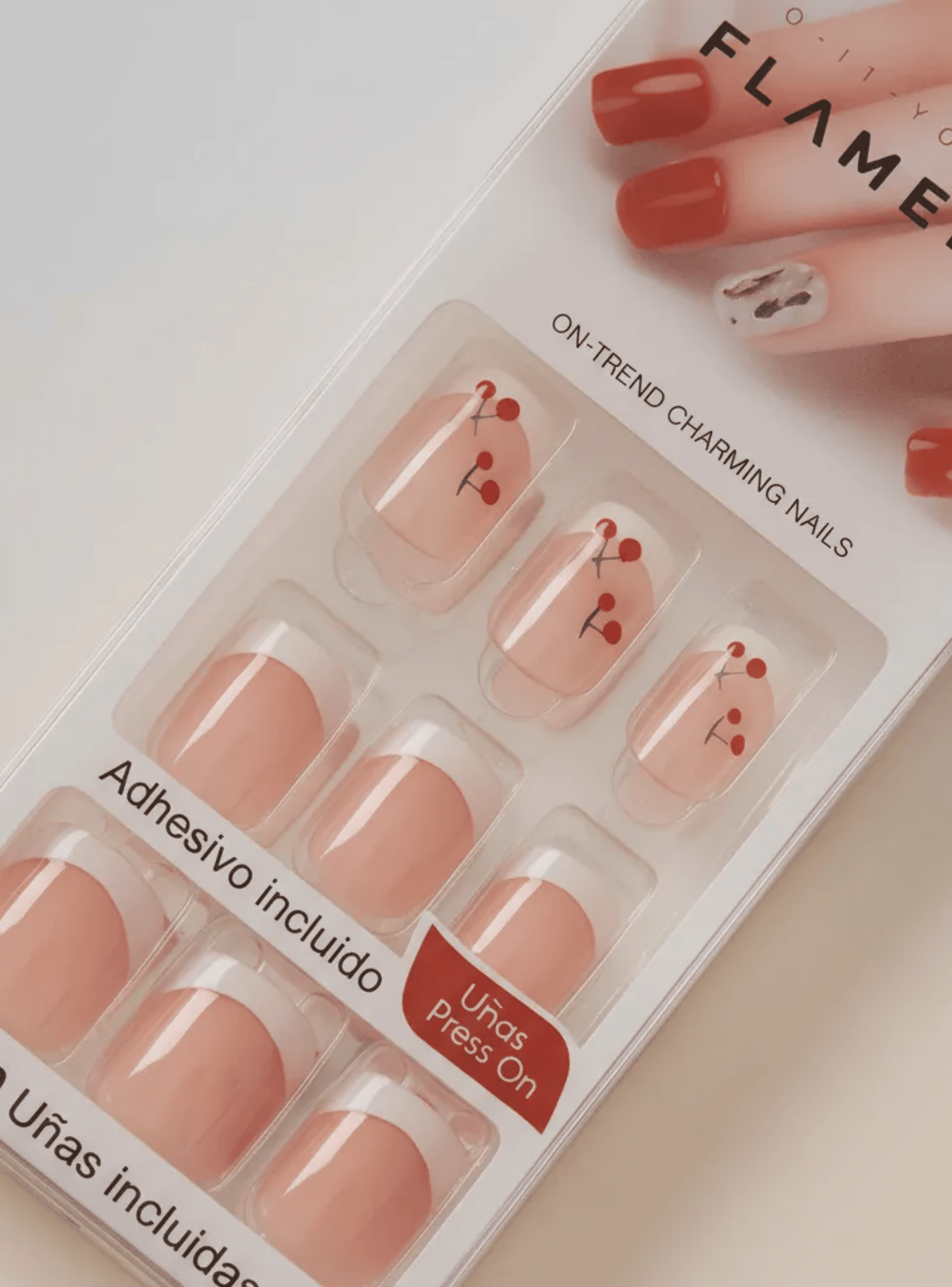 Uñas Press On Autoadhesivas Acabado Natural Blanco Cerezas-3