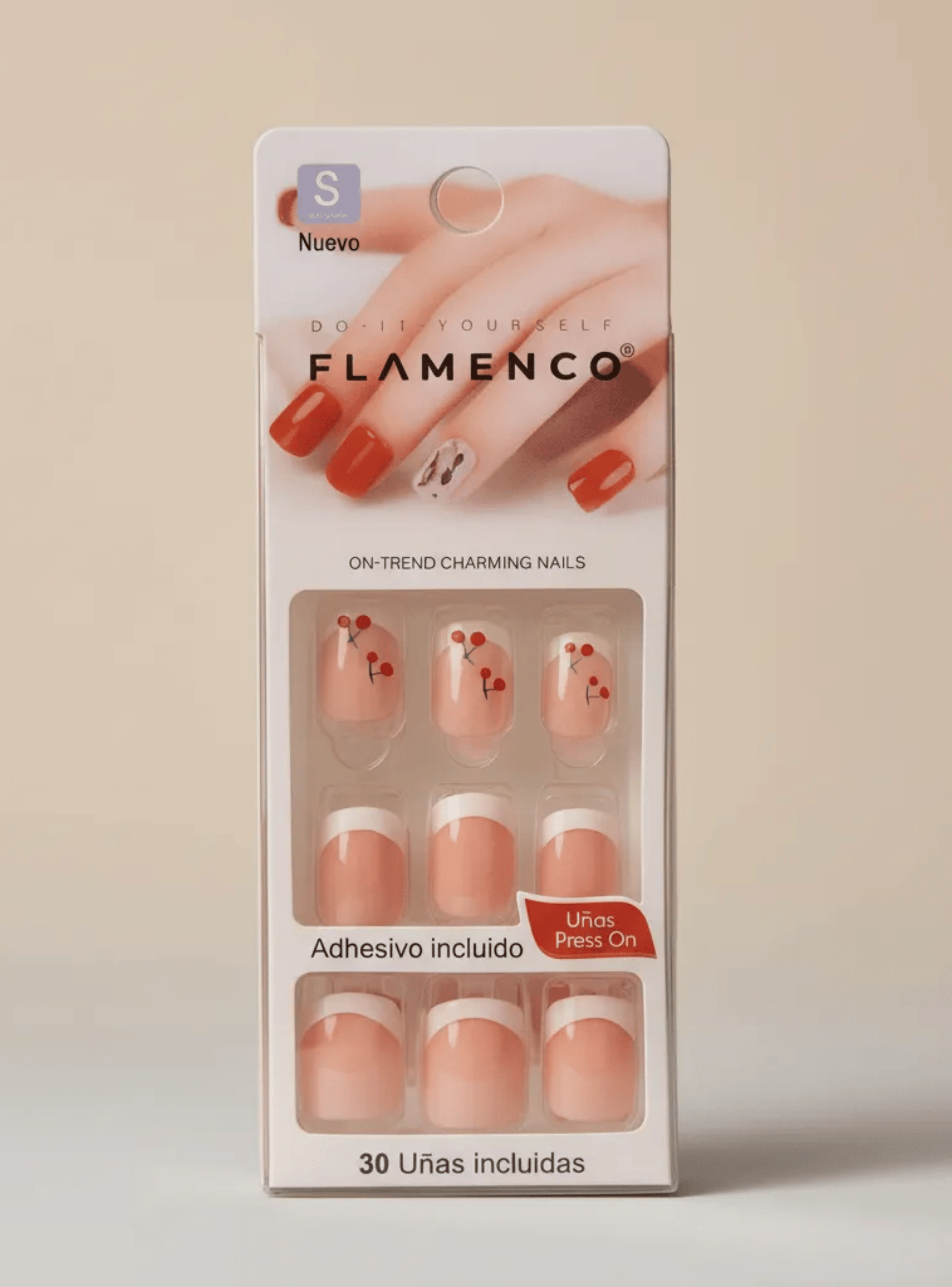 Uñas Press On Autoadhesivas Acabado Natural Blanco Cerezas-4