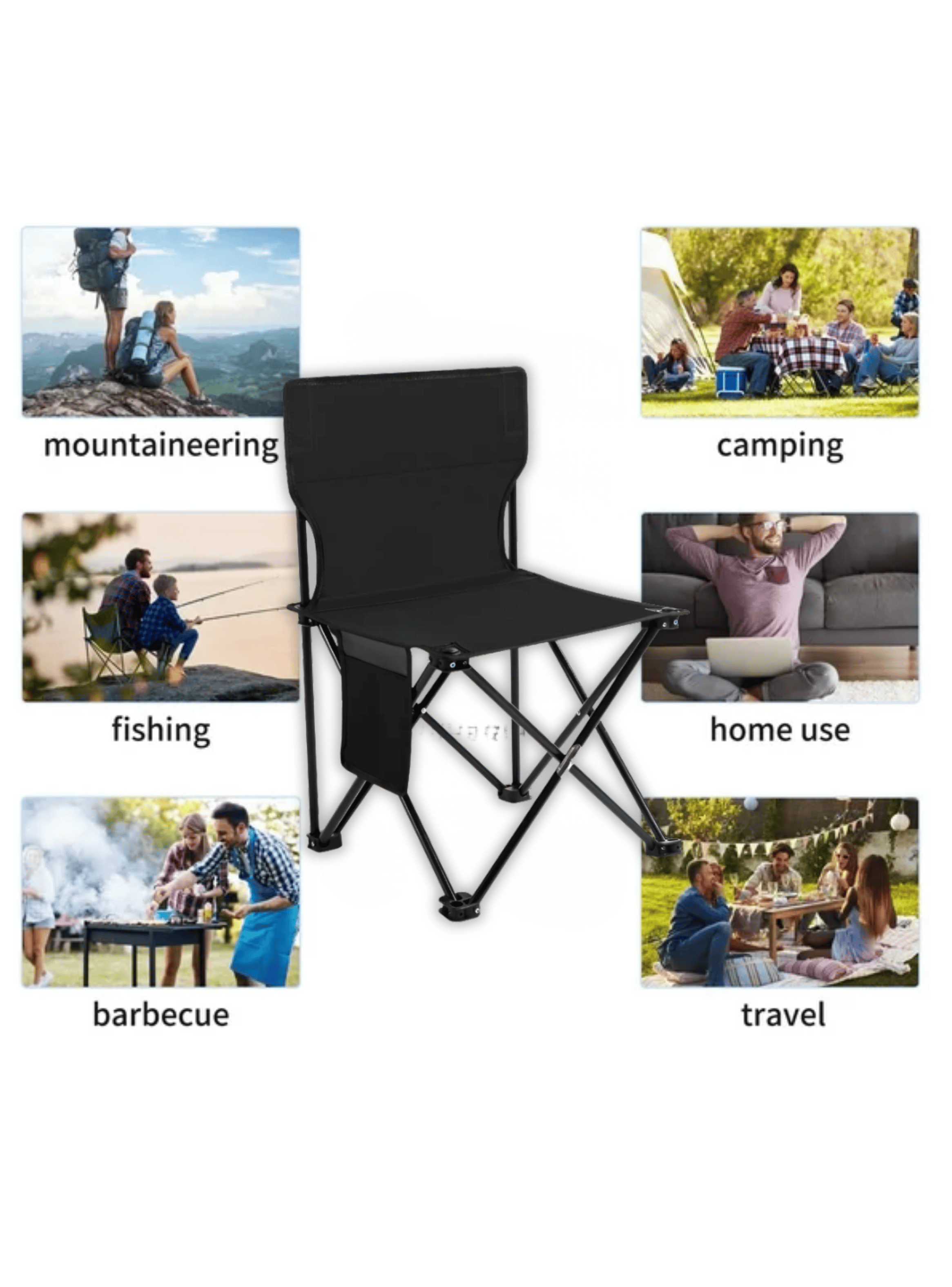 Silla Plegable Color Negro Camping Reforzada Estructura Firme con Bolso-2