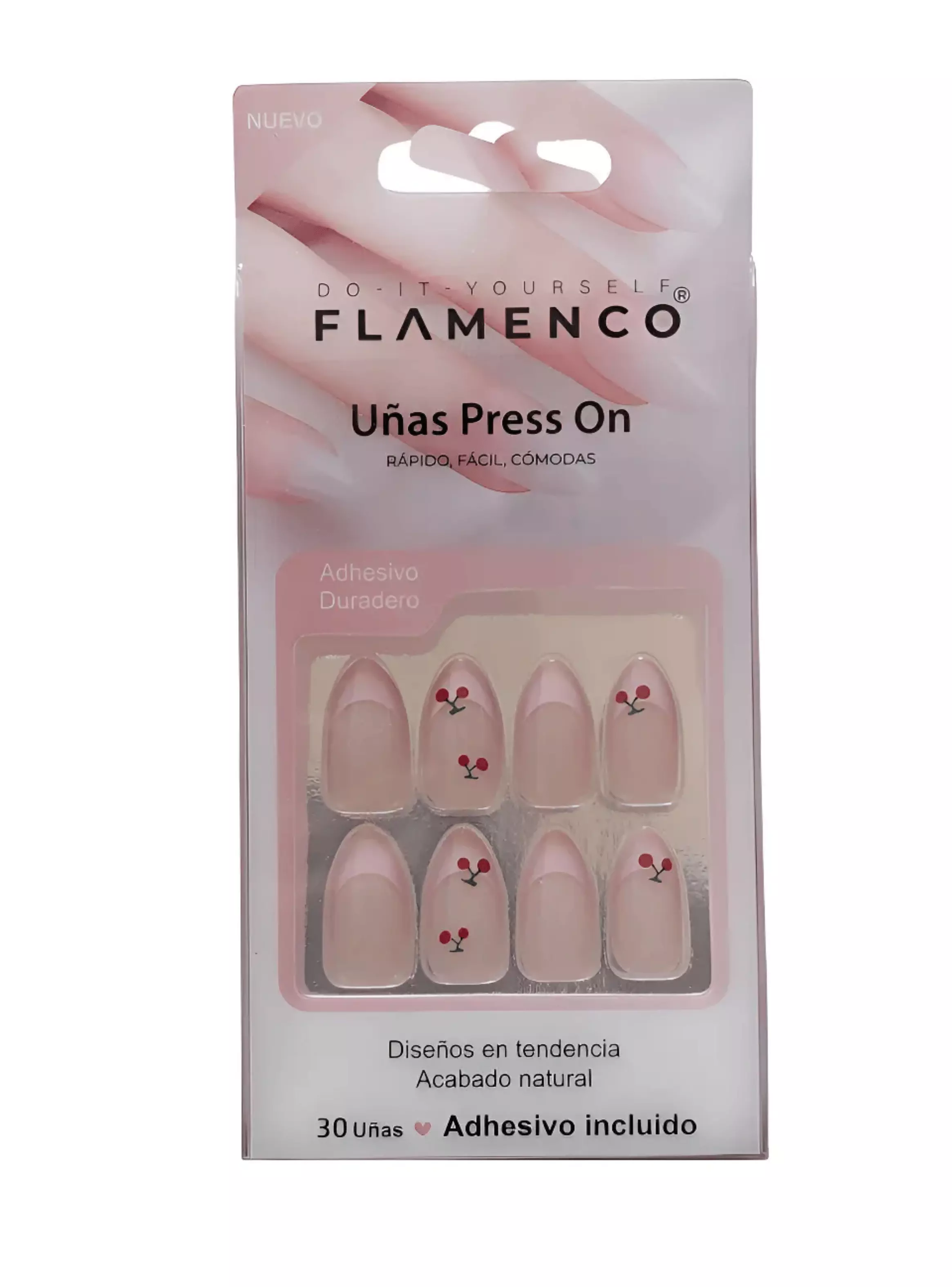 Uñas Postizas Press On Autoadhesivas Francesa Rosa Flores-0